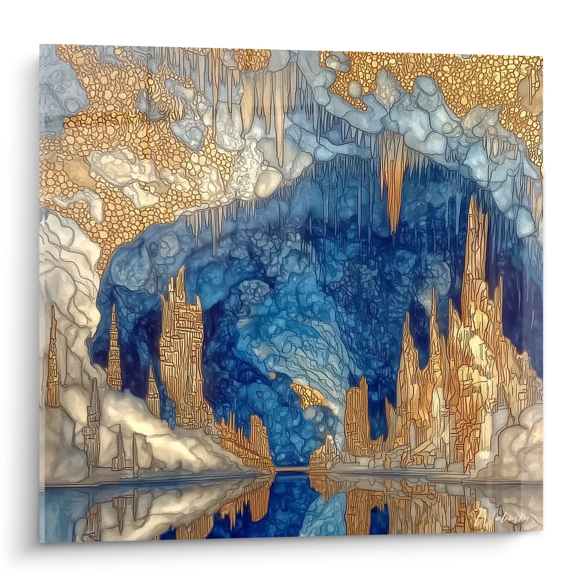 Tableau grotte naturelle bleue avec stalactites dorées et reflets aquatiques art mural décoratif