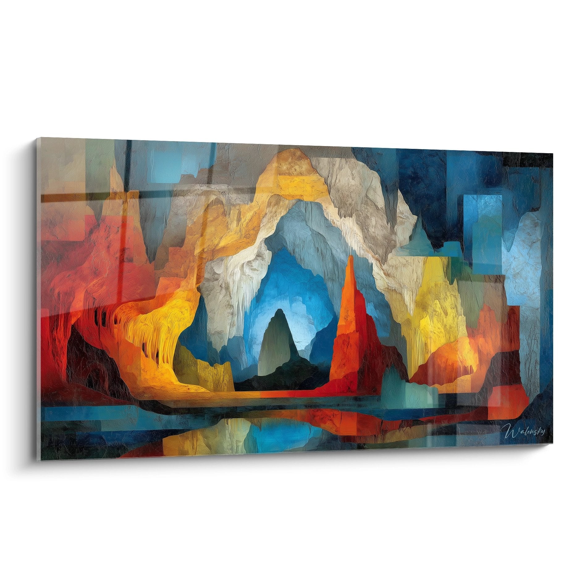 Tableau grotte illuminée multicolore avec stalactites et formations rocheuses éclatantes