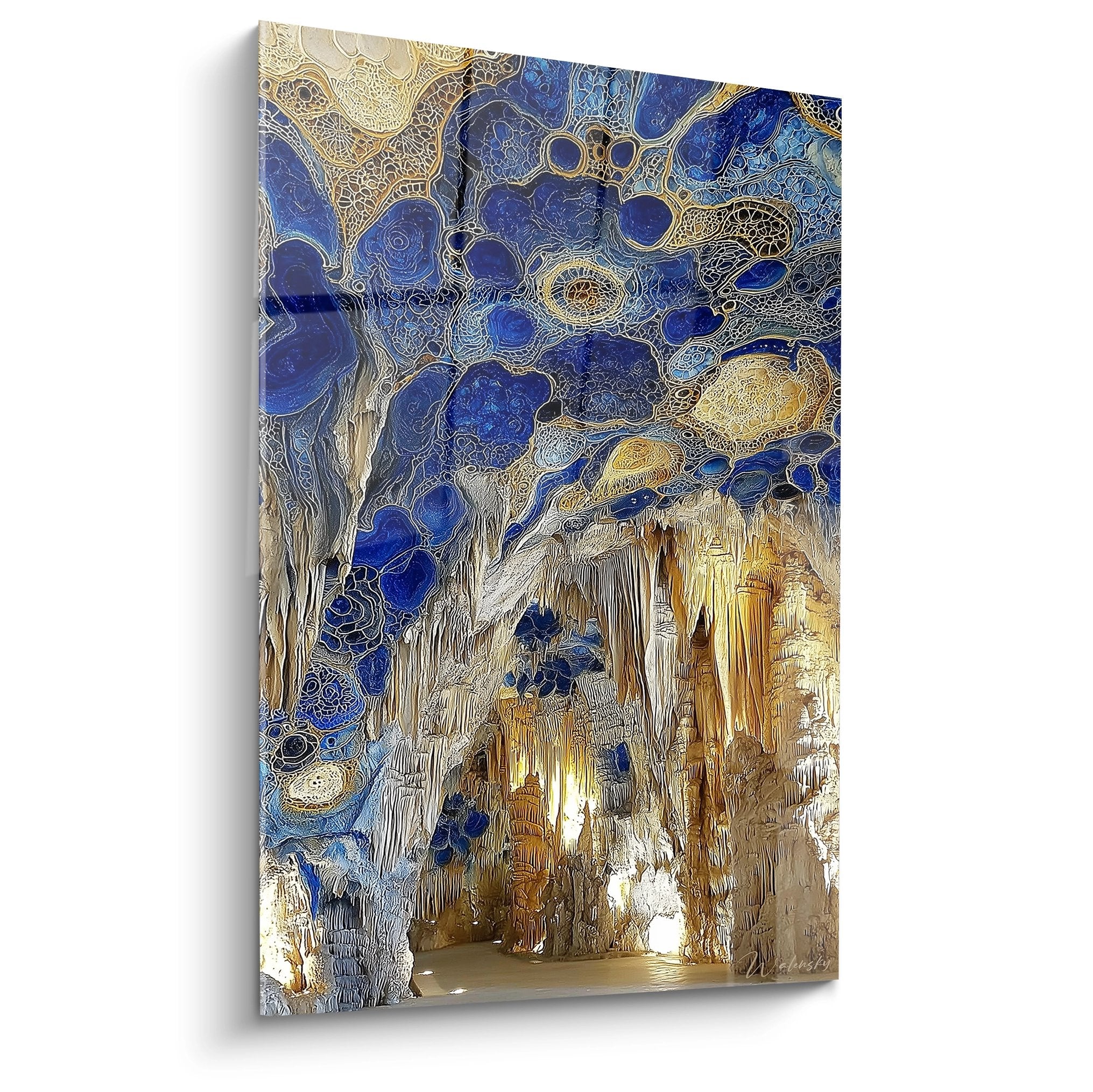 Tableau mural grotte illuminée avec voûte céleste dorée et motifs géométriques bleus décoratifs