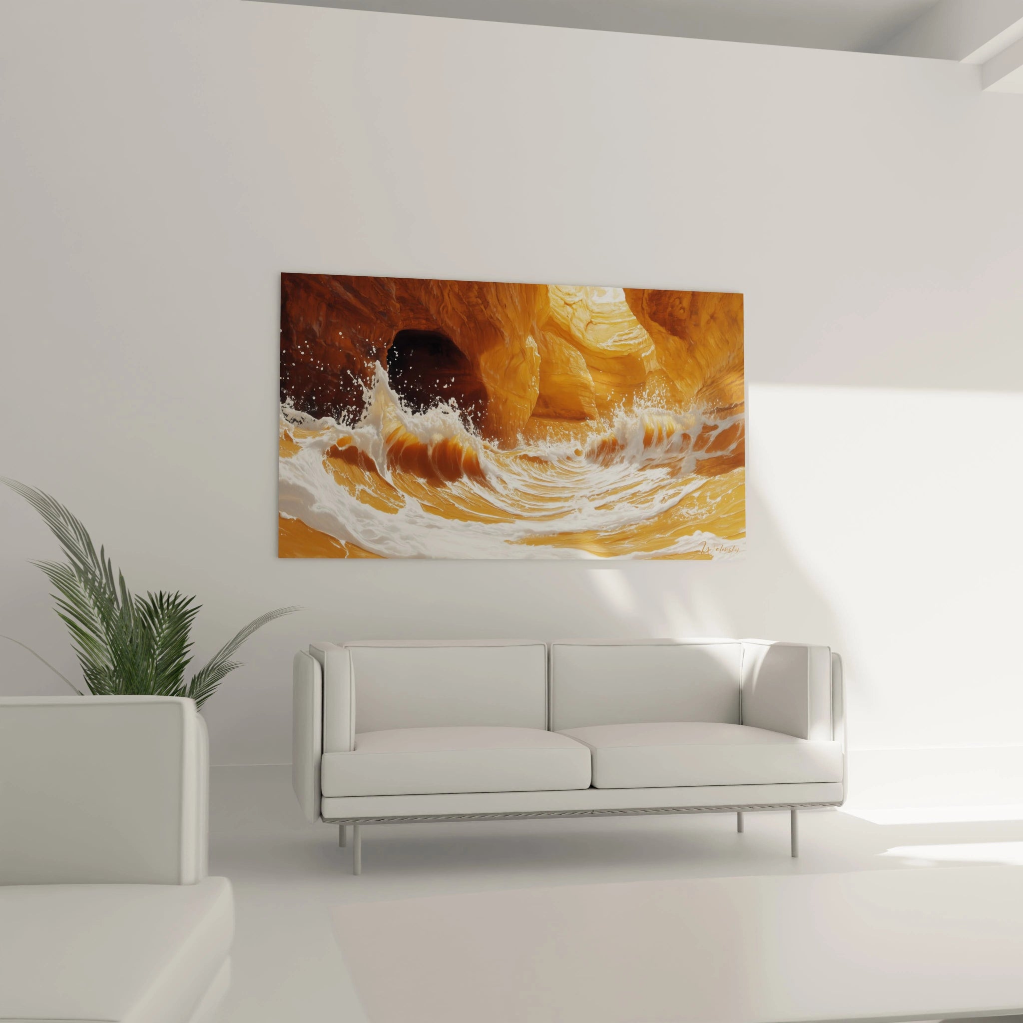 Un tableau canyon aquatique illustrant la force de l'eau sculptant son chemin entre des murs rocheux aux teintes or et ambre, capturant le moment précis d'une vague en mouvement circulaire avec des textures d'écume éclatantes.