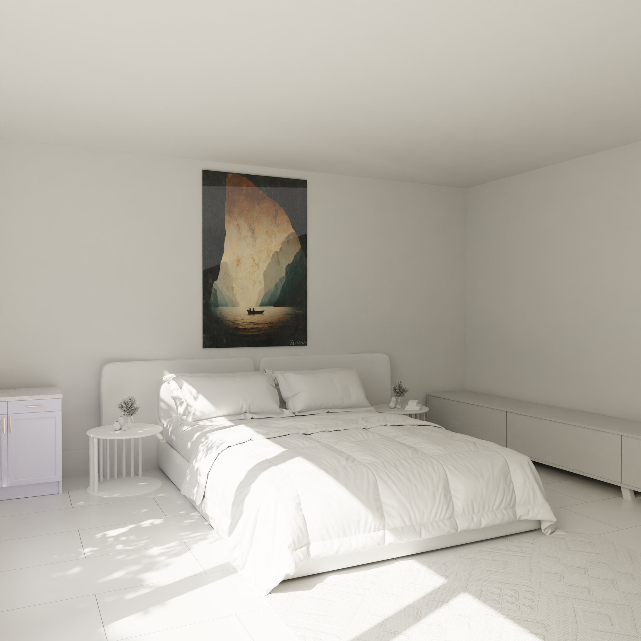 Ambiance chambre avec tableau grotte marine lumineux, décoration murale apaisante et mystérieuse