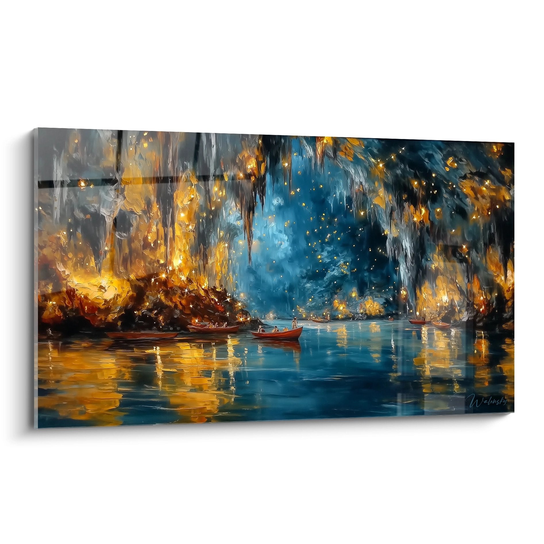 Tableau mural grotte marine avec barques et reflets dorés sur eau calme dans caverne naturelle