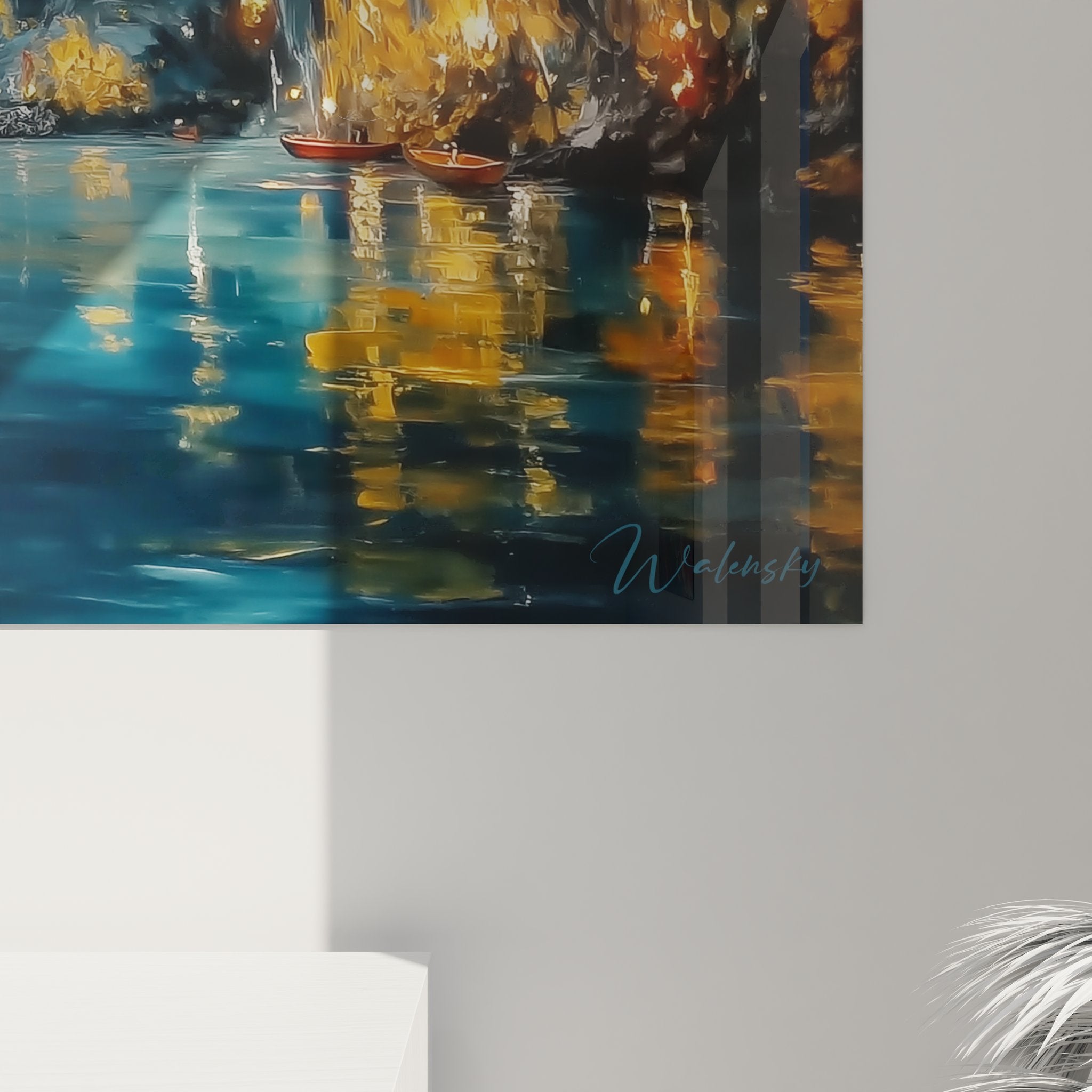 Vue ensemble tableau mural grotte marine barques caverne naturelle reflets dorés art contemporain