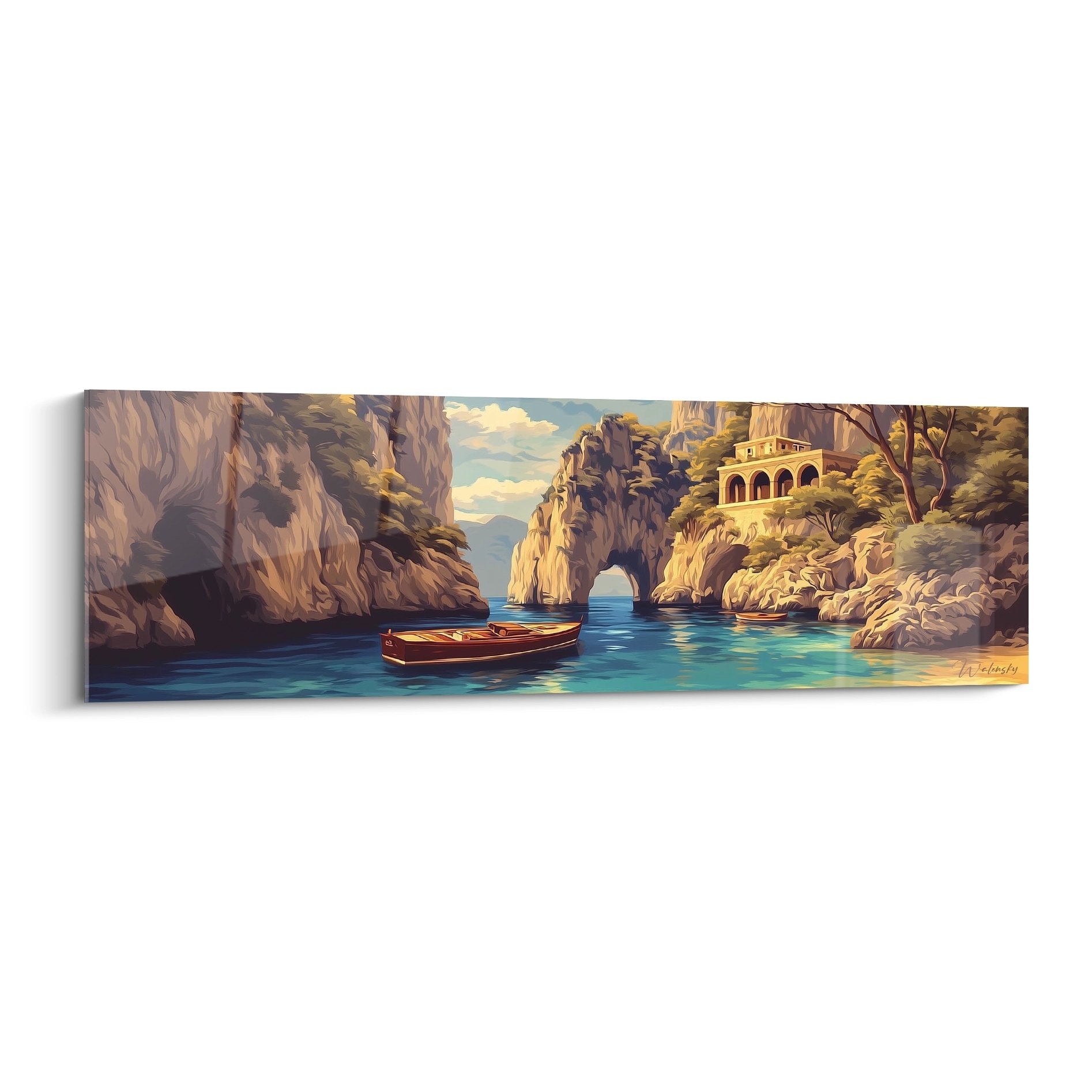 Tableau mural grotte marine avec bateau naviguant dans crique aux falaises dorées et eaux turquoise