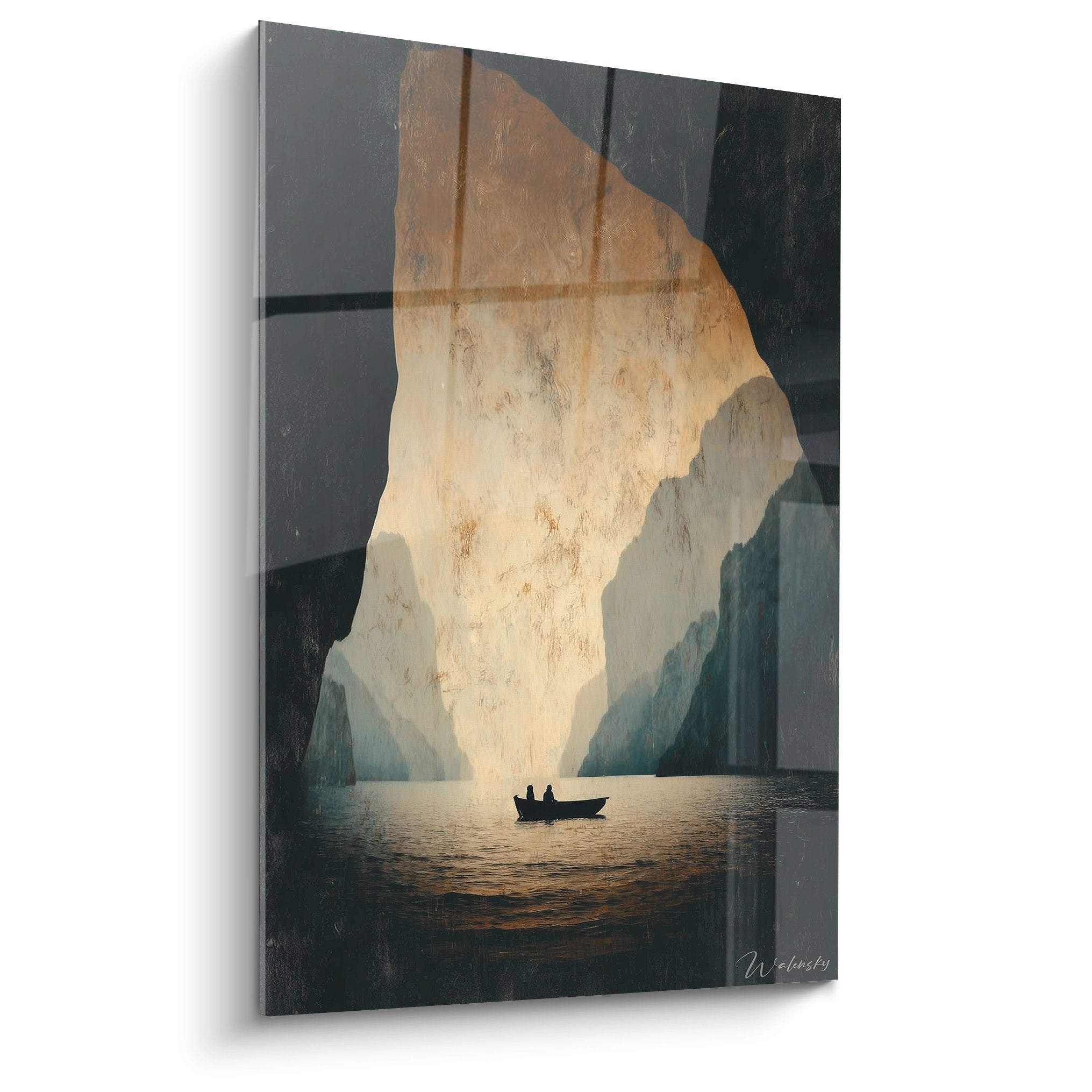 Tableau mural grotte marine avec bateau sous lumière dorée, œuvre d'art naturelle pour décoration intérieure