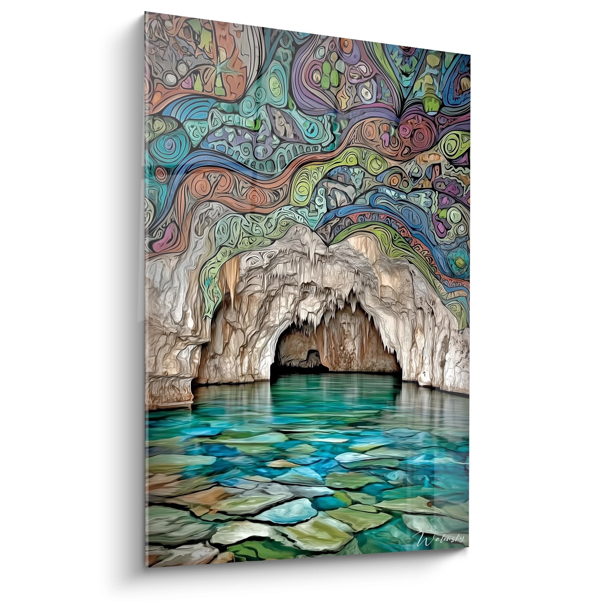 Tableau grotte marine psychédélique avec motifs colorés et eaux turquoise pour décoration murale spirituelle