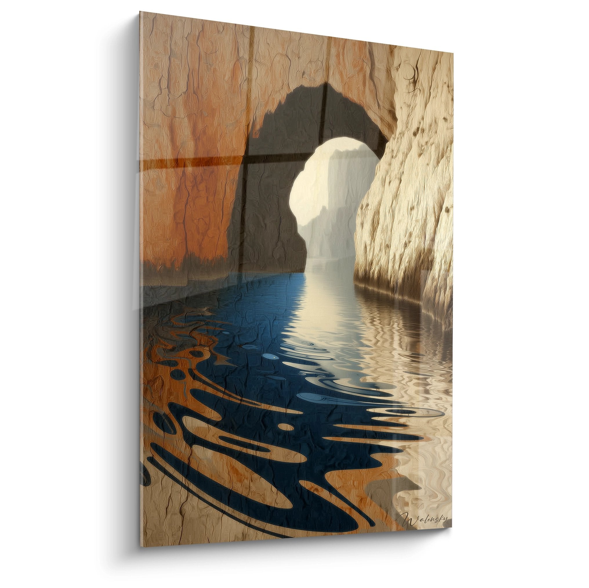 Tableau grotte marine reflets dorés eau cristalline caverne illuminée art mural grottes naturelles