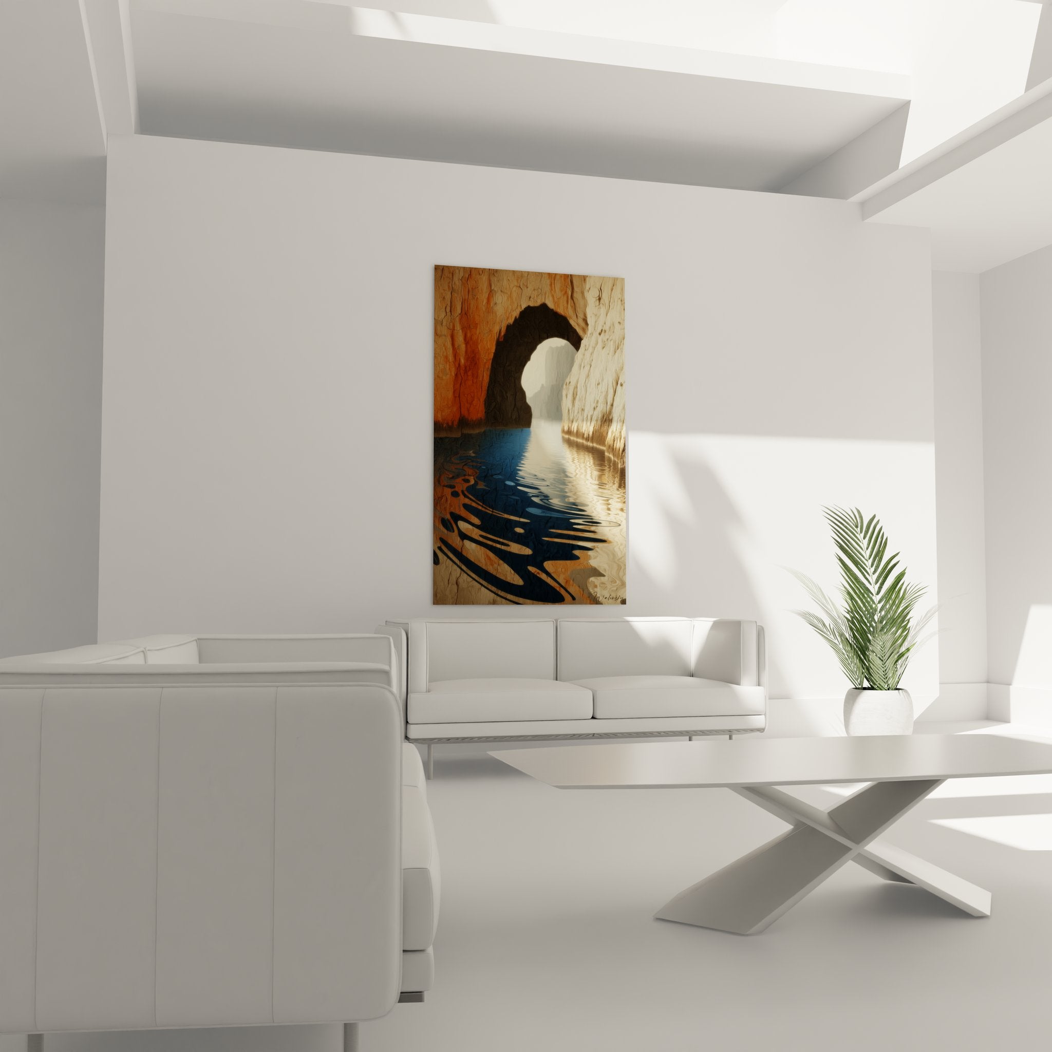 Gros plan tableau grotte marine détails reflets dorés textures rocheuses eau cristalline art mural