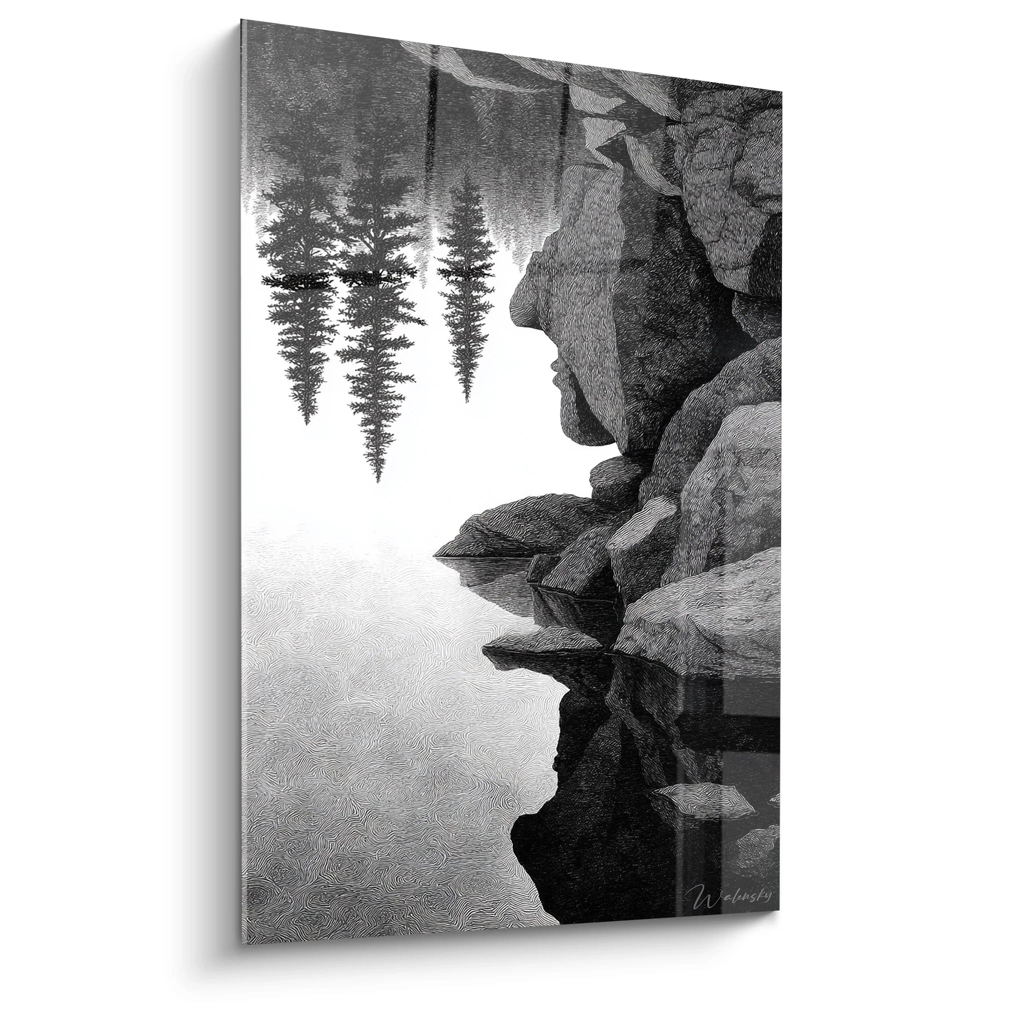 Tableau grotte mystérieuse noir et blanc avec reflets d'arbres sur l'eau, art mural décoratif moderne
