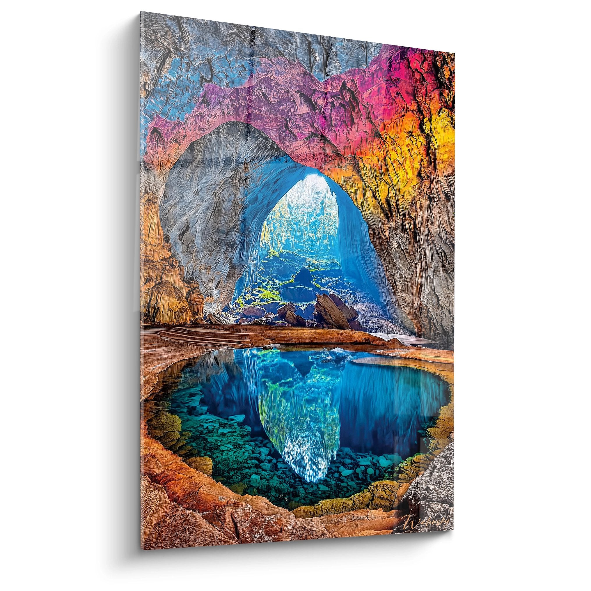 Tableau mural grotte naturelle colorée avec bassin turquoise et formations rocheuses spectaculaires