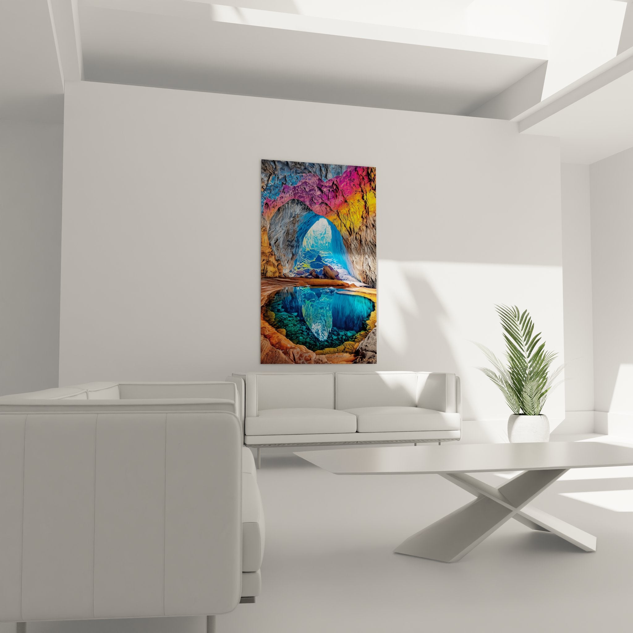 Gros plan tableau grotte naturelle détails formations rocheuses et reflets bassin turquoise