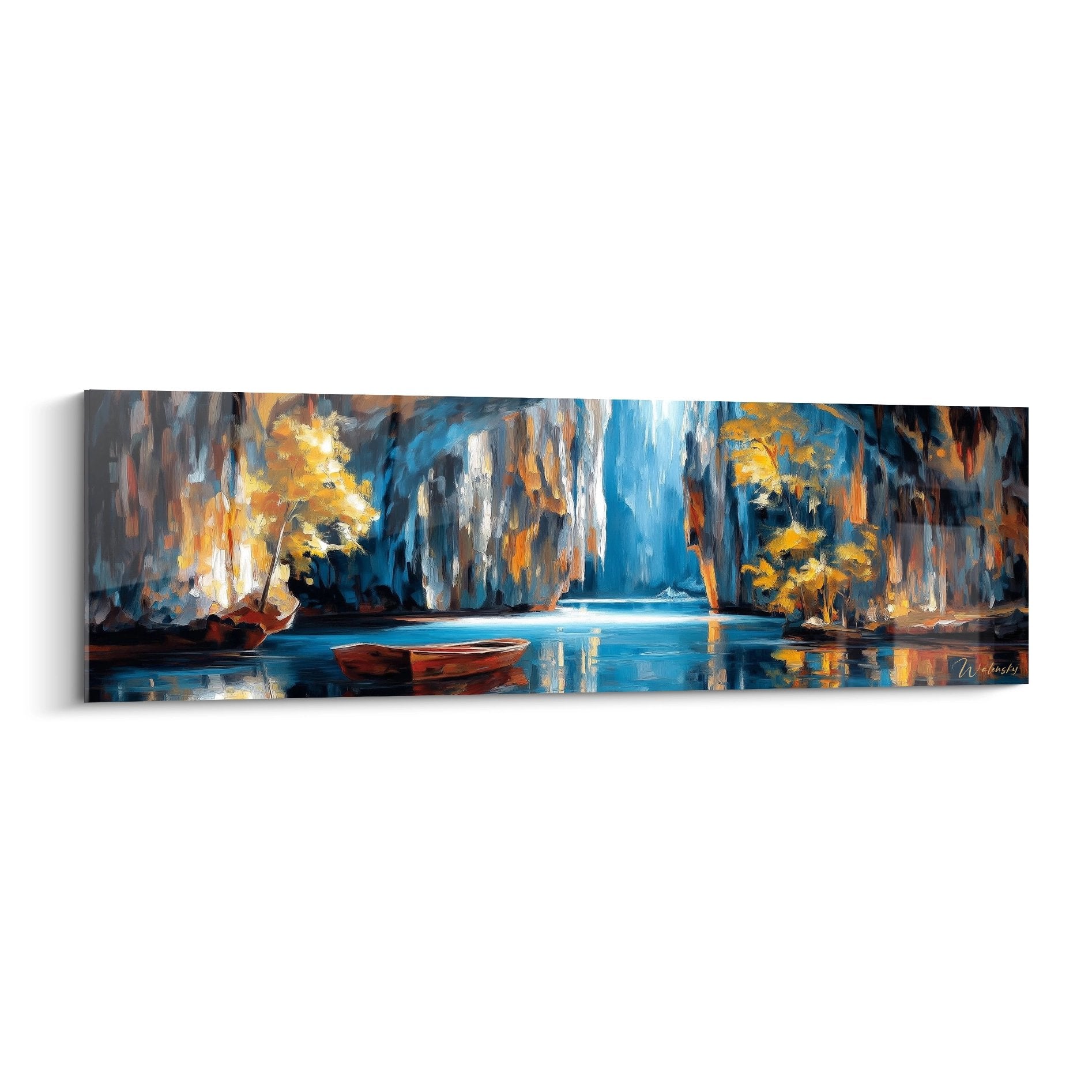 Tableau mural grotte souterraine avec bateau rouge, formations rocheuses et reflets dorés sur l'eau cristalline