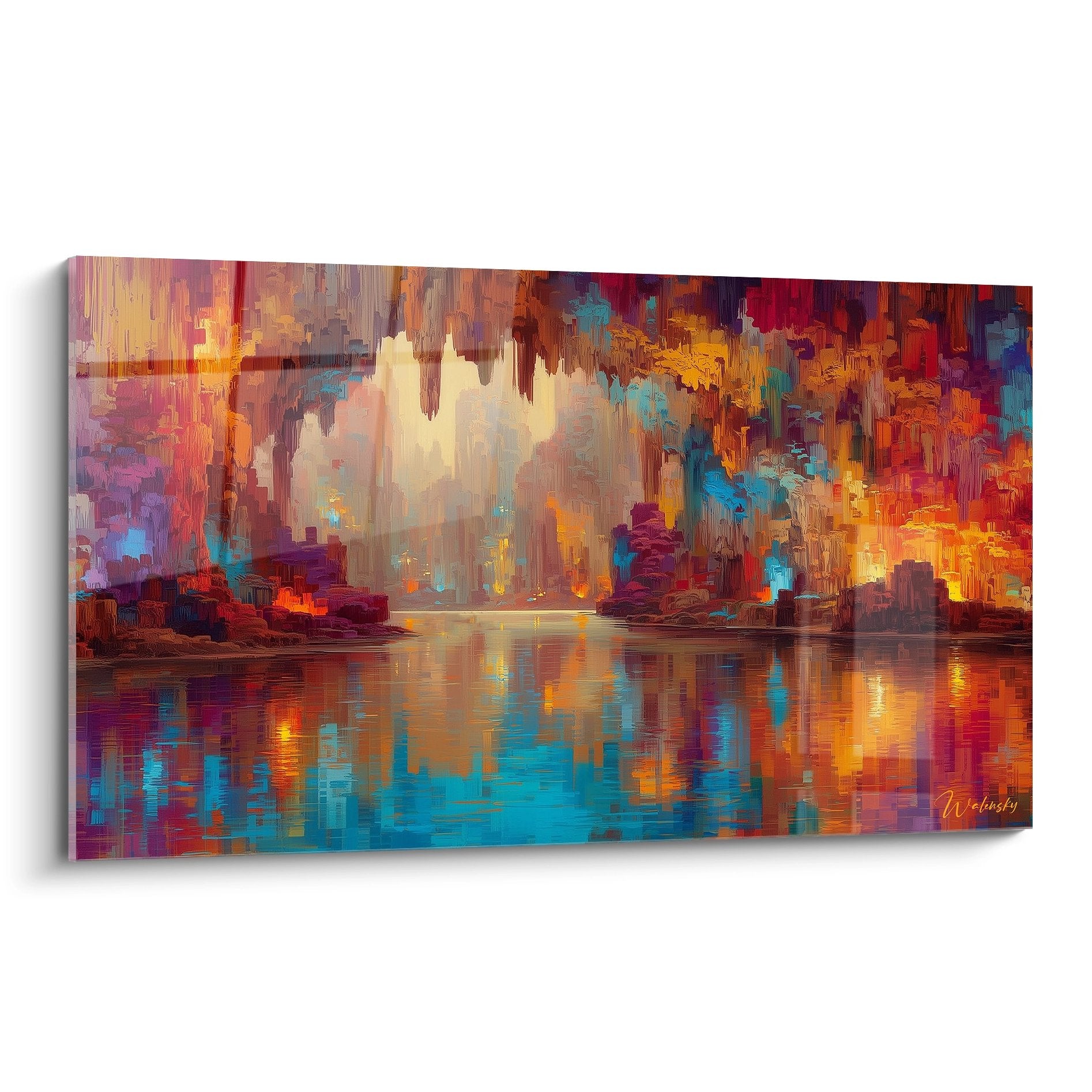Tableau mural grotte souterraine illuminée aux reflets colorés sur eau calme art grottes naturelles