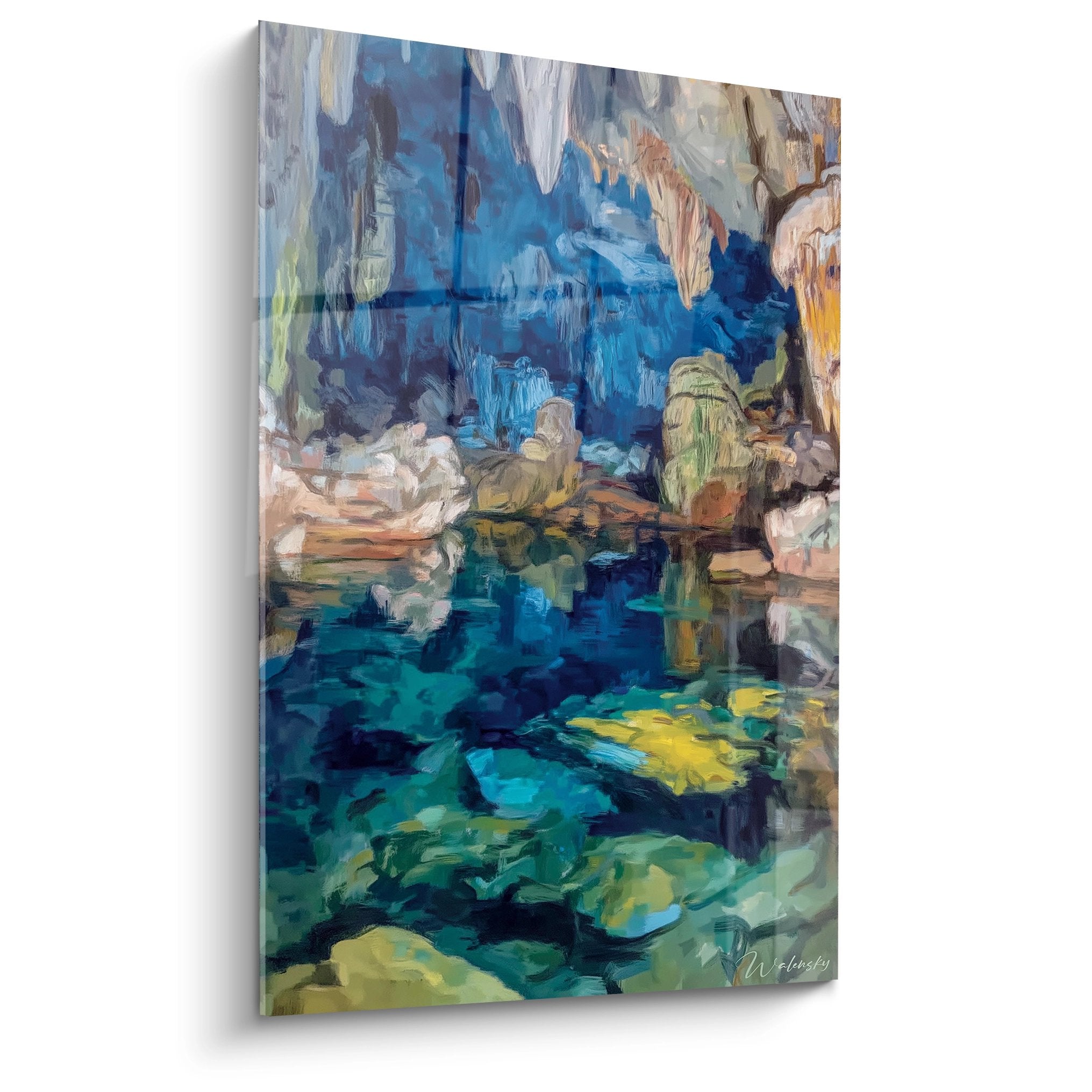 Tableau mural grotte souterraine avec lac cristallin aux reflets turquoise et formations rocheuses naturelles
