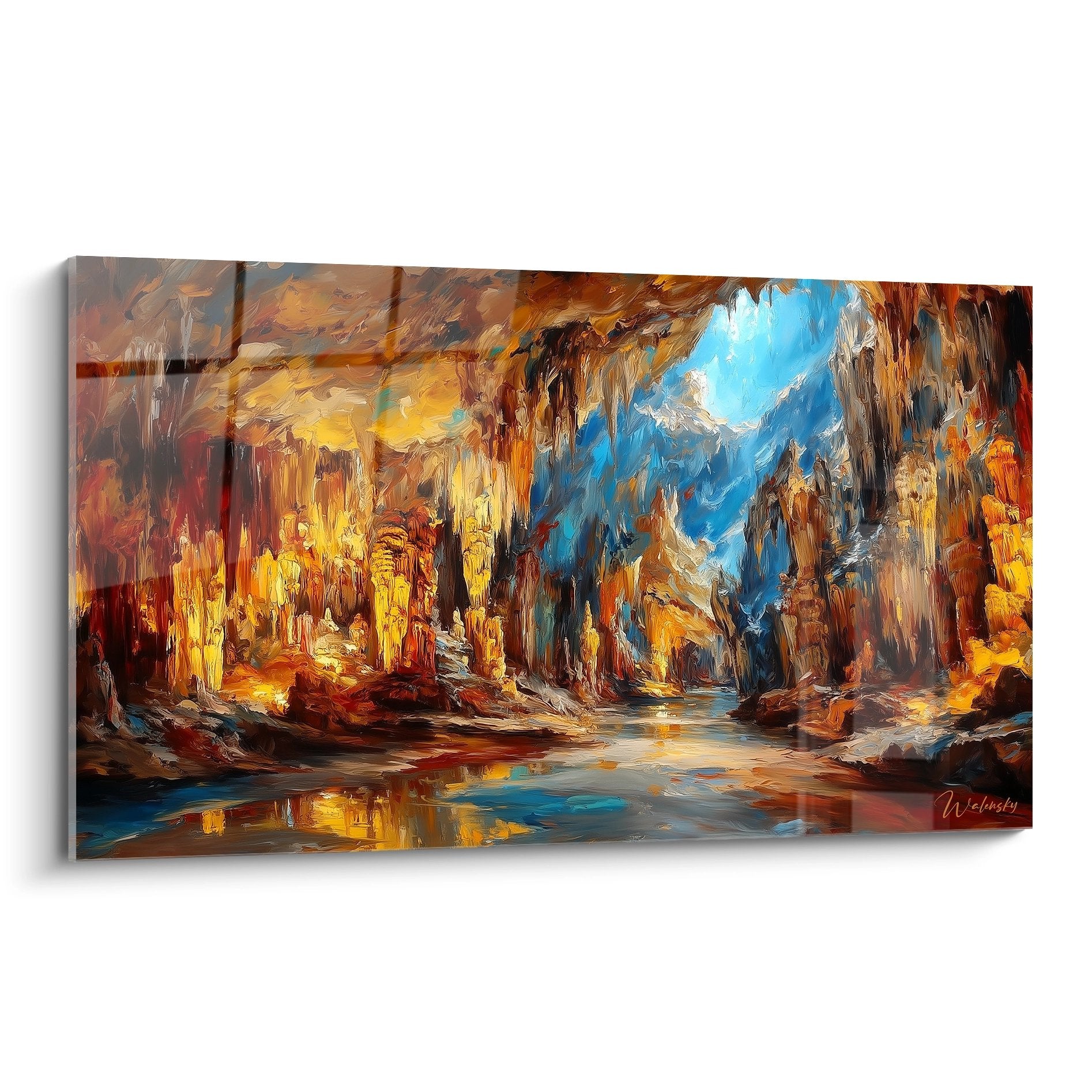 Tableau mural grotte souterraine stalactites dorées lumière bleue mystérieuse art moderne
