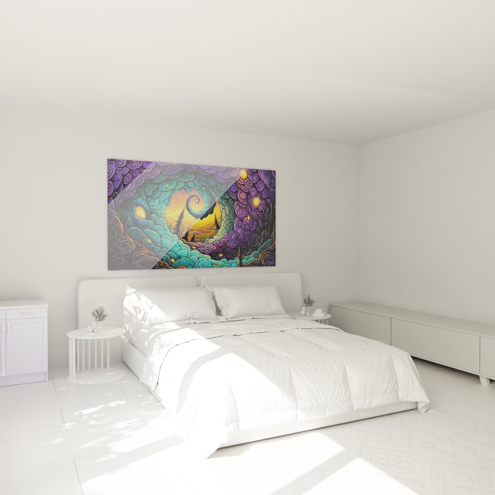 Tableau grotte spiralée dans ambiance chambre moderne avec spirales turquoise et violettes