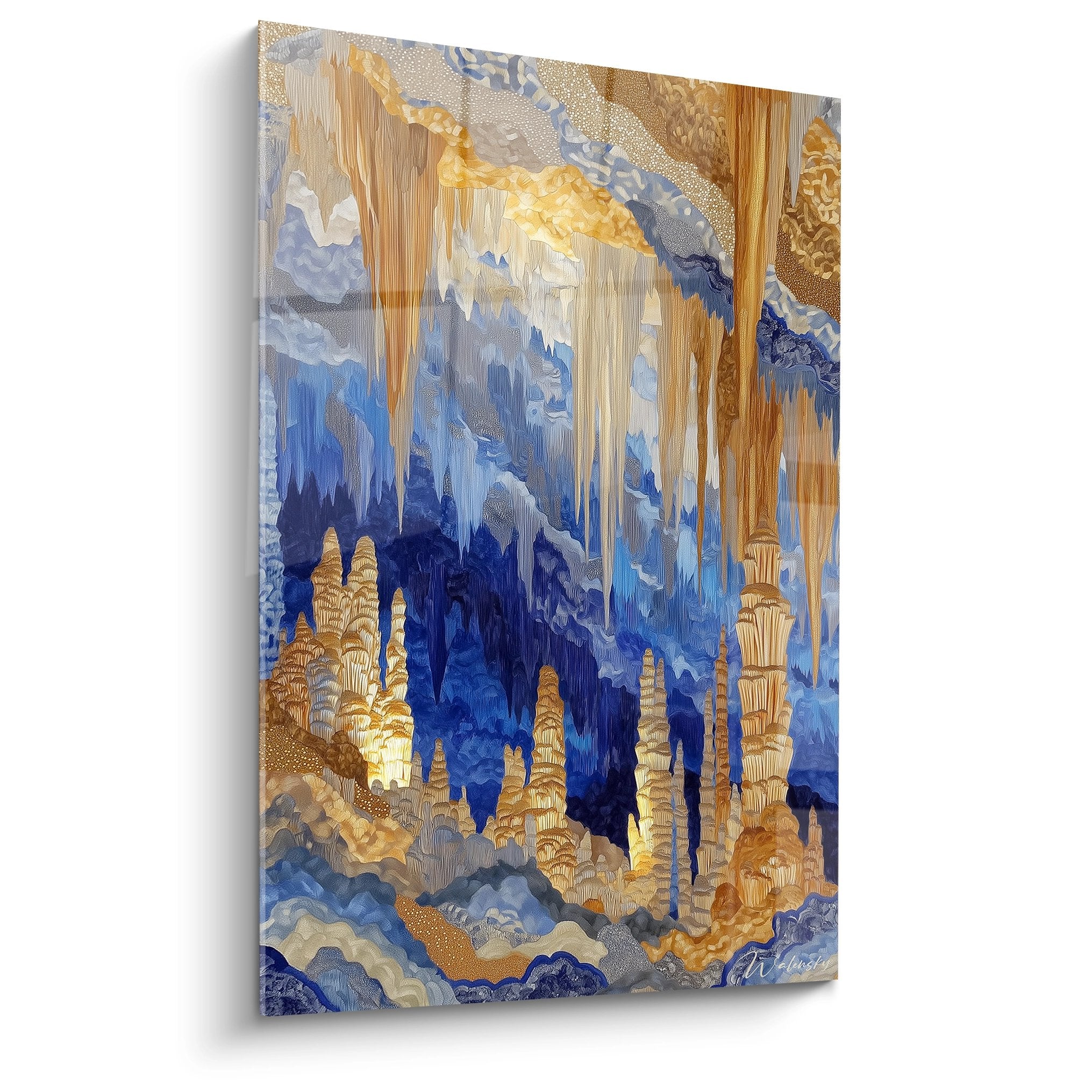 Tableau mural grotte avec stalactites dorées et stalagmites dans cathédrale souterraine bleue