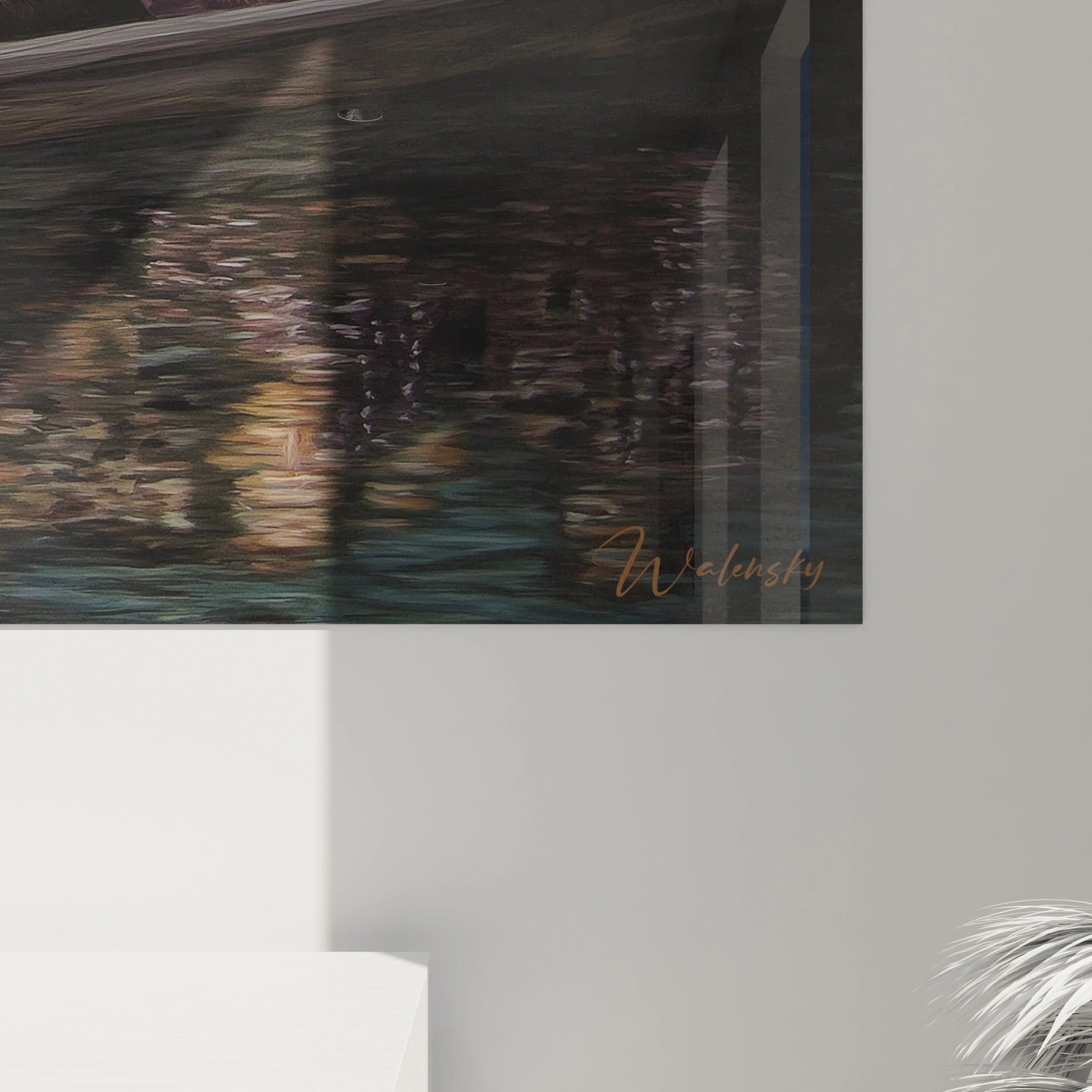 Tableau mural Walensky aux reflets aquatiques hyperréalistes, signature visible, tableau méditation collective hyperréalisme