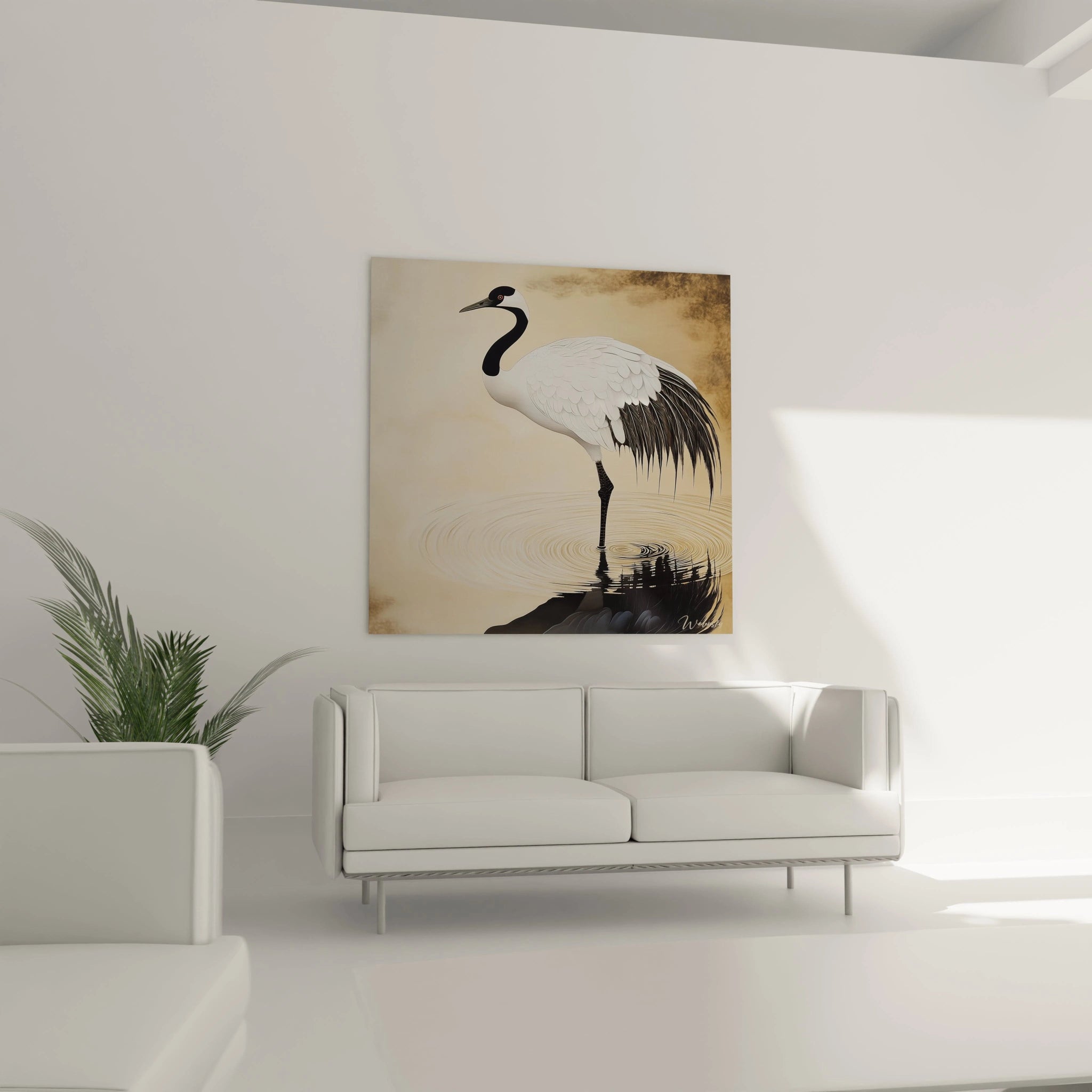 Tableau grue Walensky représentant une grue blanche élégante sur fond beige dans un salon moderne