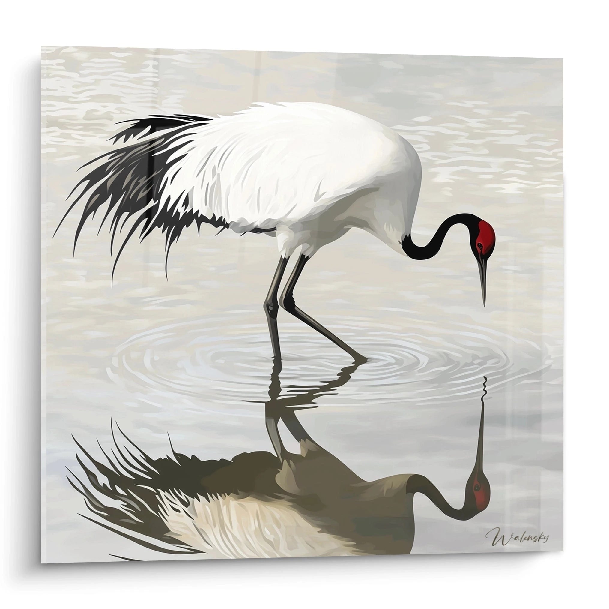 Tableau Walensky représentant une grue blanche et noire se reflétant dans l'eau calme