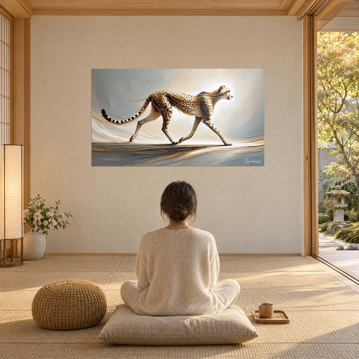 Wall art of a cheetah painted with a palette knife, shades of beige, blue-grey and gold, facing a person seated on a cushion