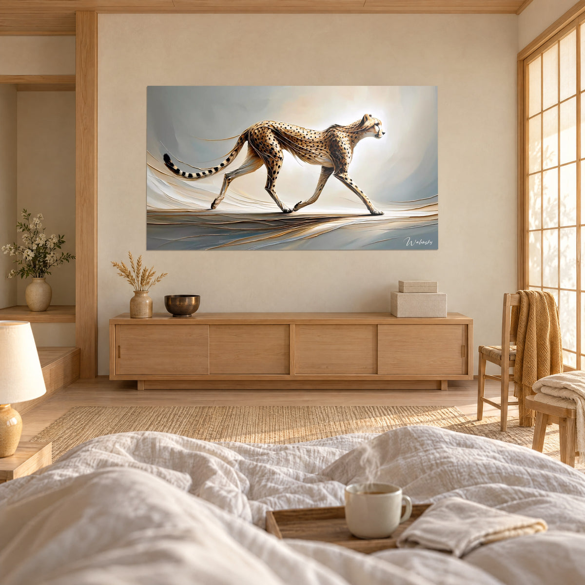 Wall art of a slender big cat with black spots, ivory and blue-grey swirls, above a bed in a light bedroom