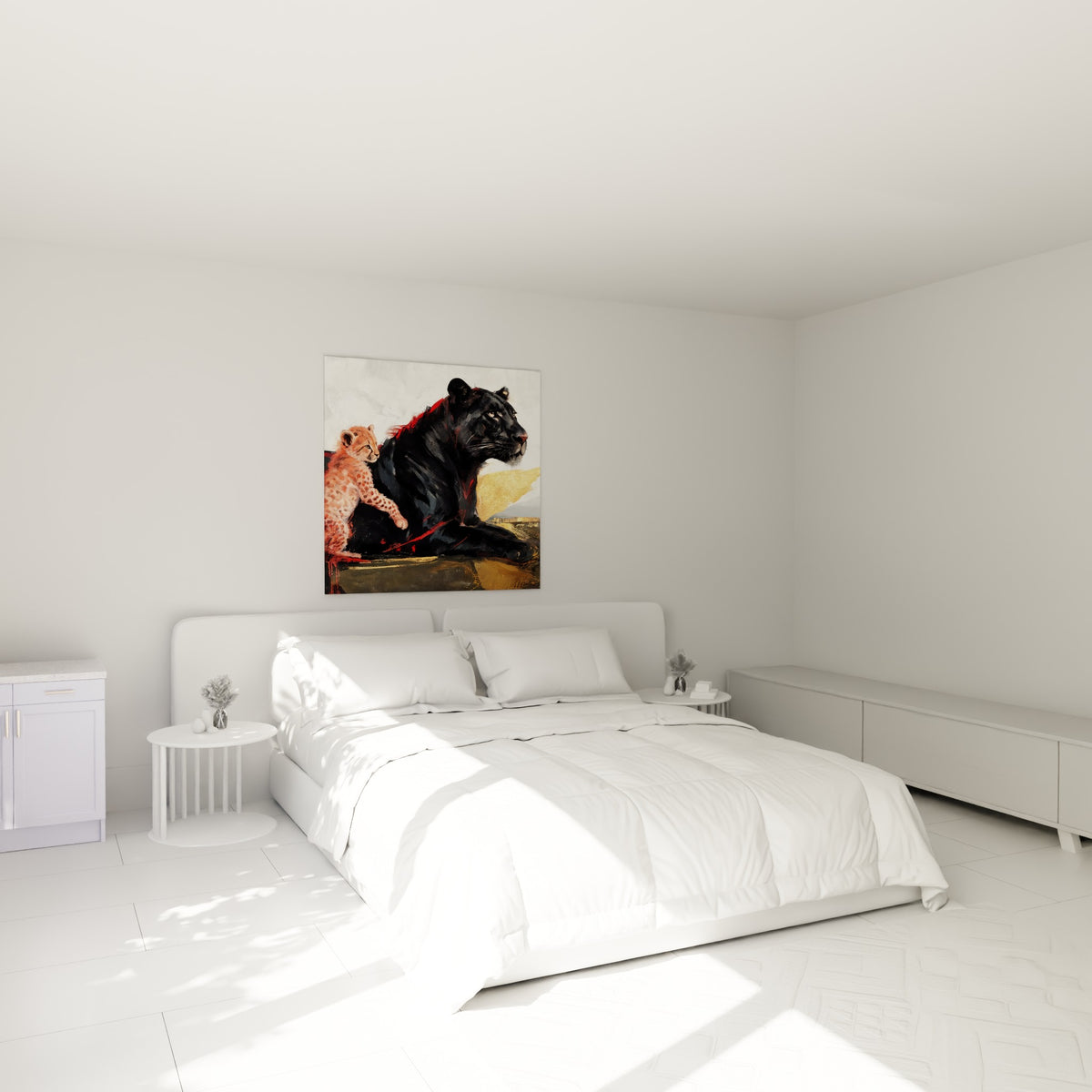 Guépards noir et roux peints en pleine intensité, accrochés au-dessus d'un lit dans une chambre claire