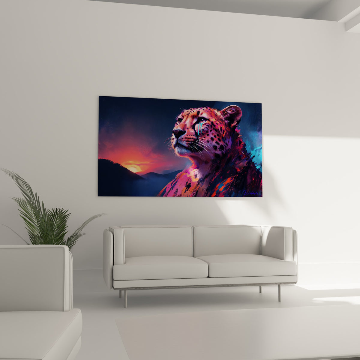 Portrait animalier rose et anthracite aux détails saisissants, placé au-dessus d'un canapé dans un salon lumineux