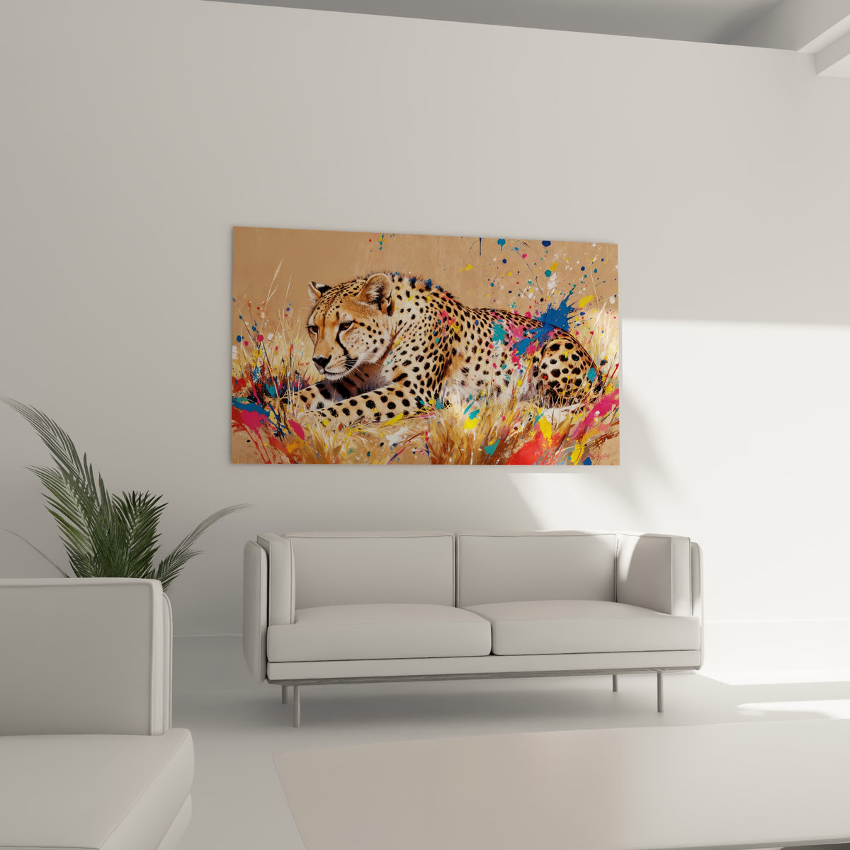 Guépard doré et anthracite en position de repos, taches colorées vibrantes, au-dessus d'un canapé dans un salon lumineux