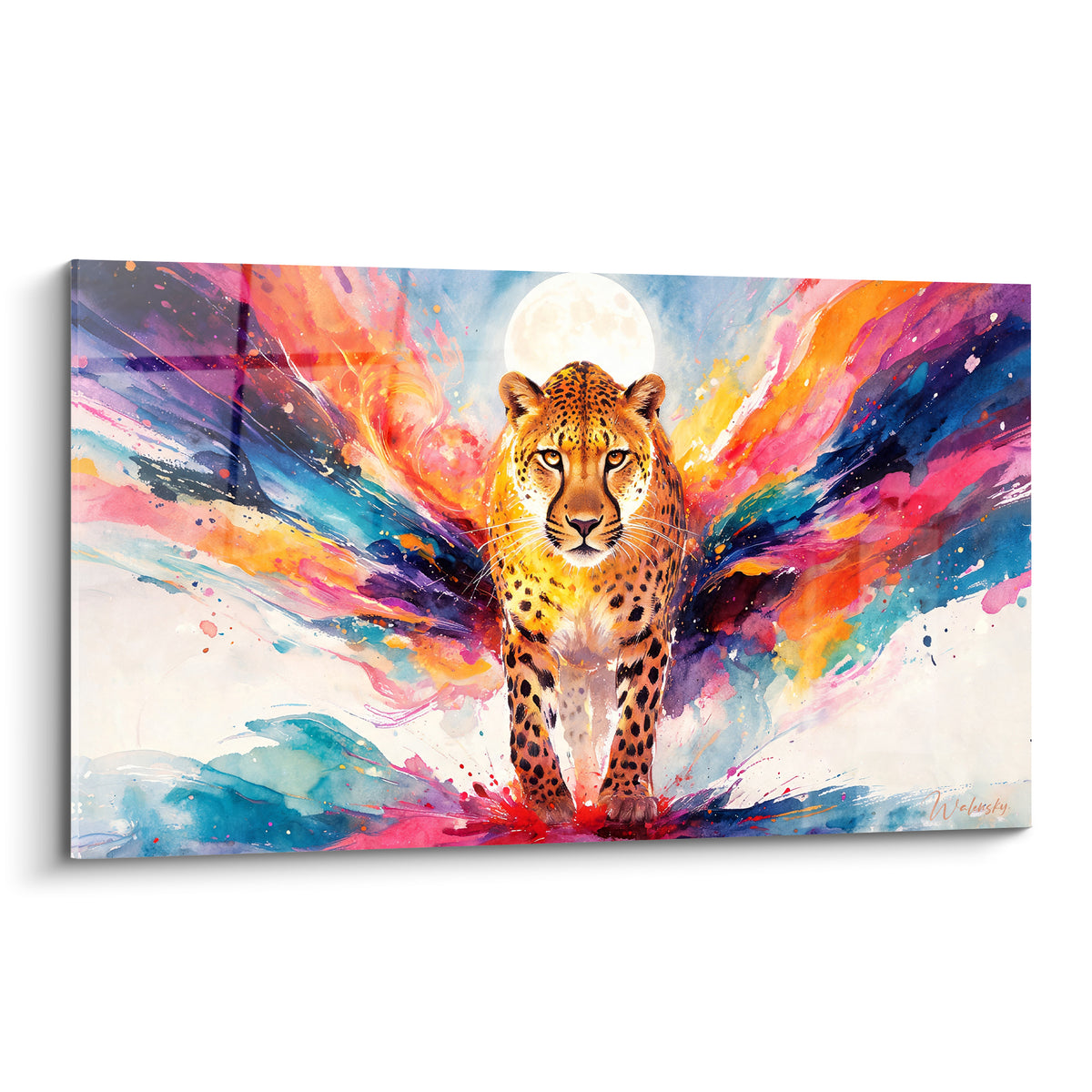 Guépard doré fixant l'objectif, pelage tacheté, fond aquarelle rose, orange et bleu turquoise éclaté