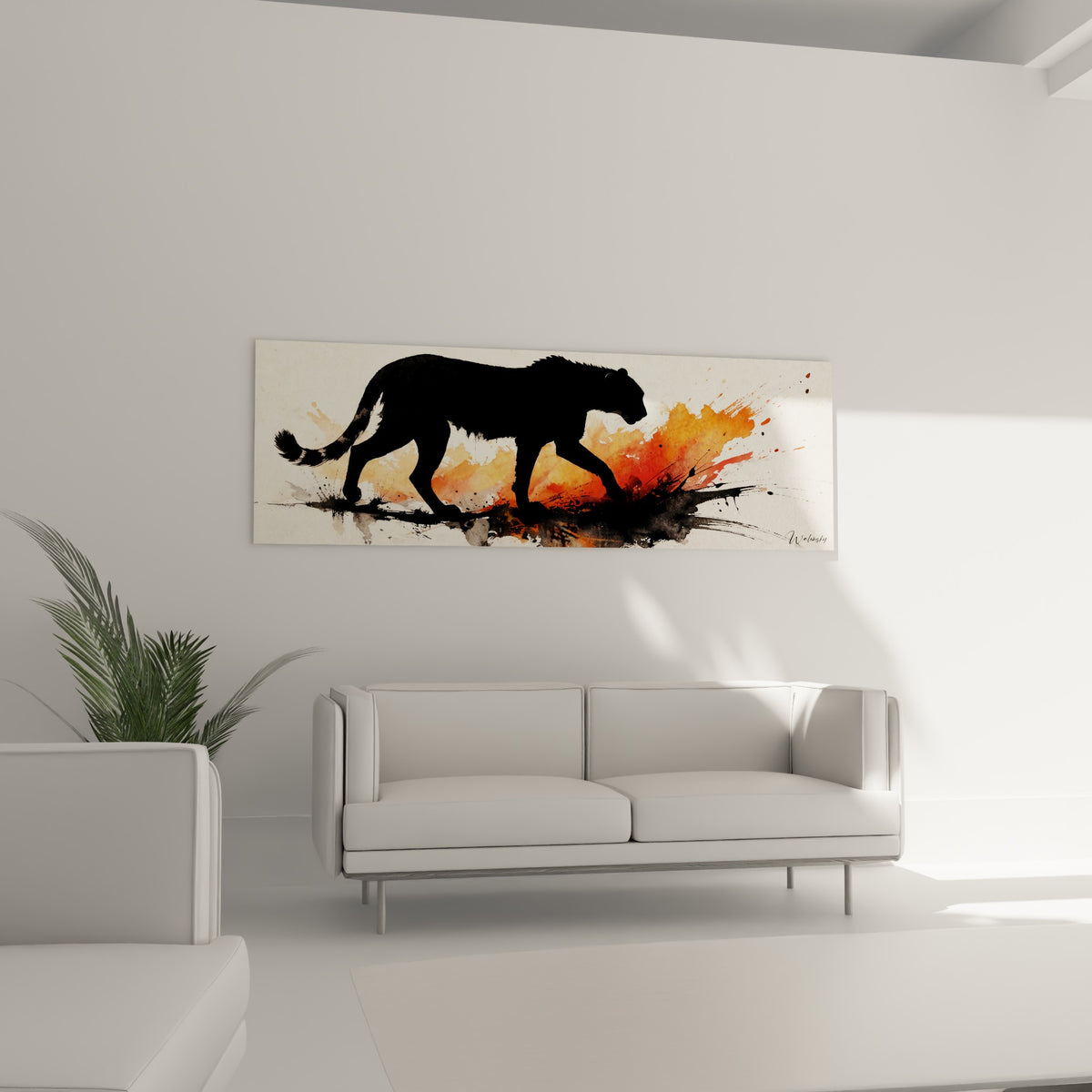 Silhouette de guépard sombre entourée d'éclaboussures orangées au-dessus d'un canapé dans un salon lumineux