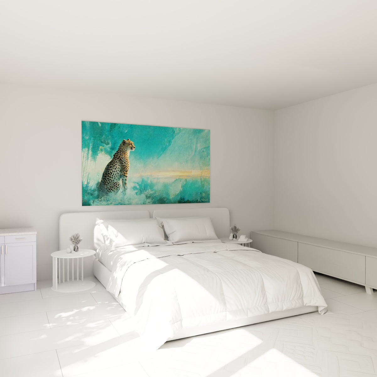 Félin tacheté contemplant l'horizon doré parmi des nuances turquoise, au-dessus d'un lit dans une chambre claire