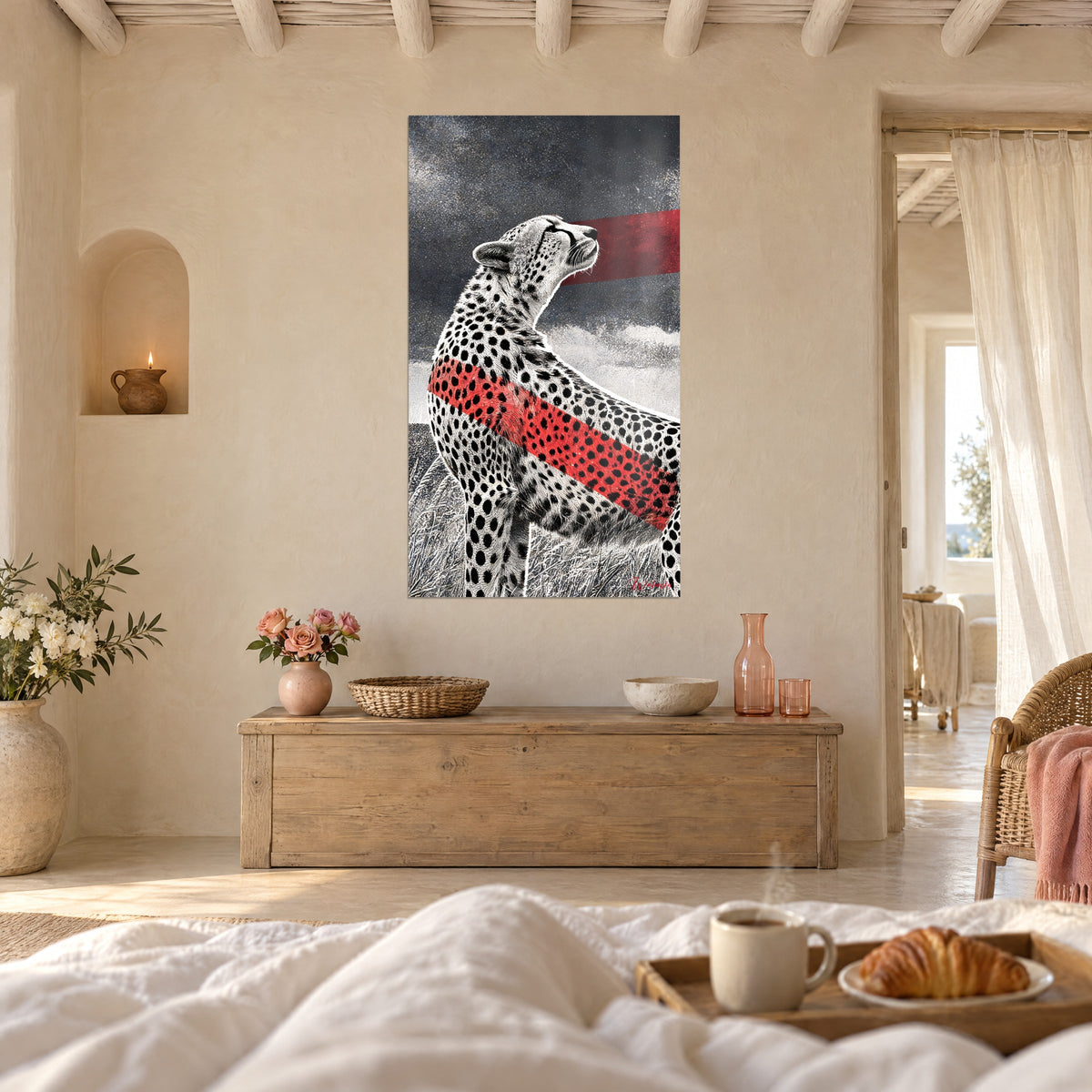 Wall art spotted wild cat gazing skyward, carmine band on black and white fur, charcoal grey background, above a bed in a light bedroom