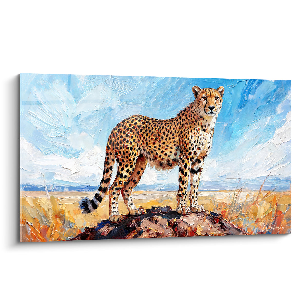 Guépard doré aux taches noires debout sur une butte rocheuse, ciel bleu texturé peint au couteau.