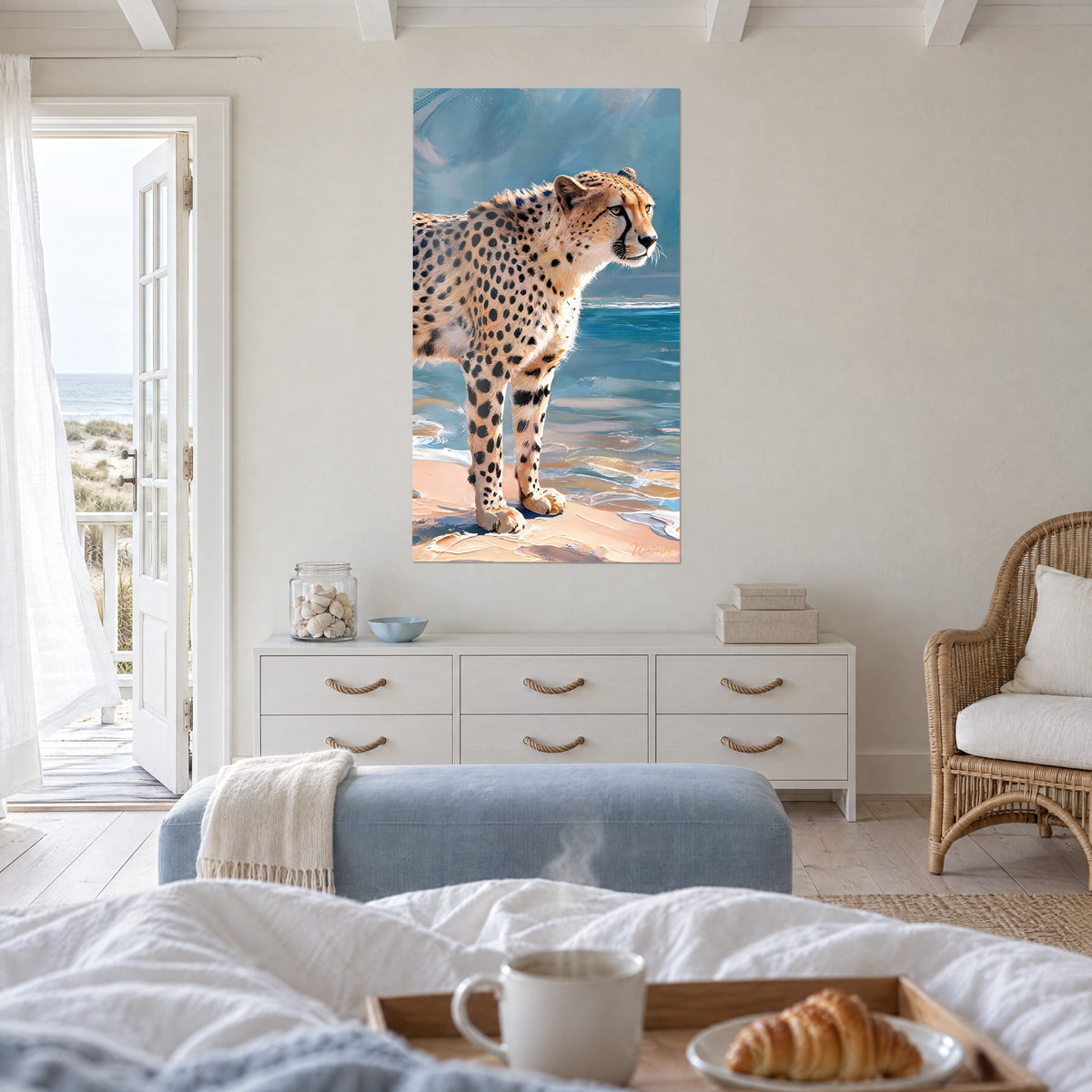 Wall art large golden big cat with black spots, turquoise sea and coral beach, above a bed in a light bedroom