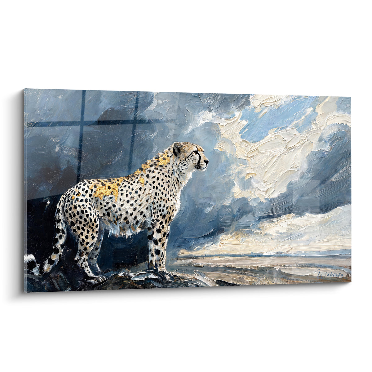 Guépard doré et blanc dressé sur un rocher anthracite, ciel bleu et crème en larges empâtements