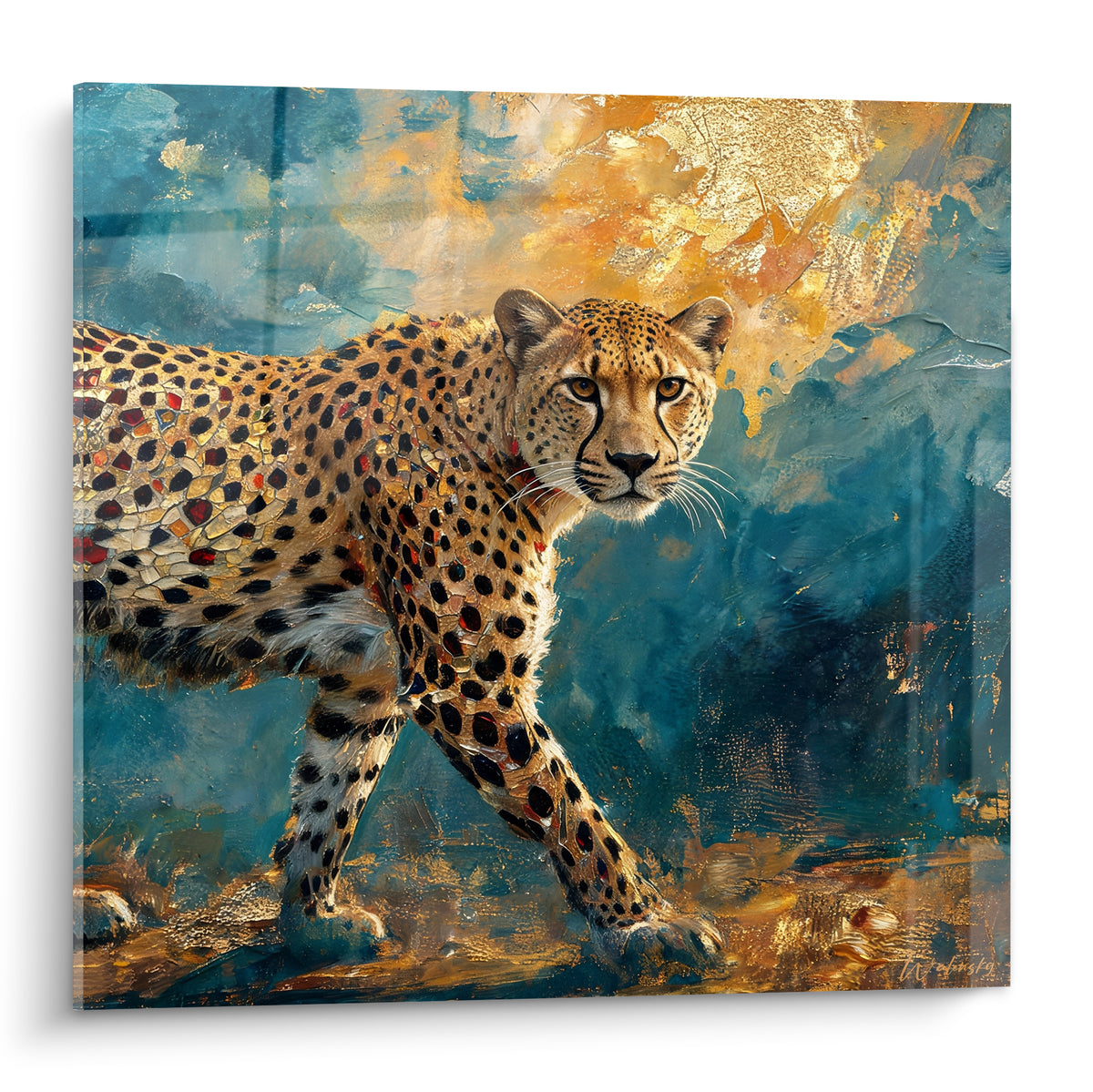 Guépard doré en pleine marche, pelage mosaïque terracotta et fond bleu pétrole texturé
