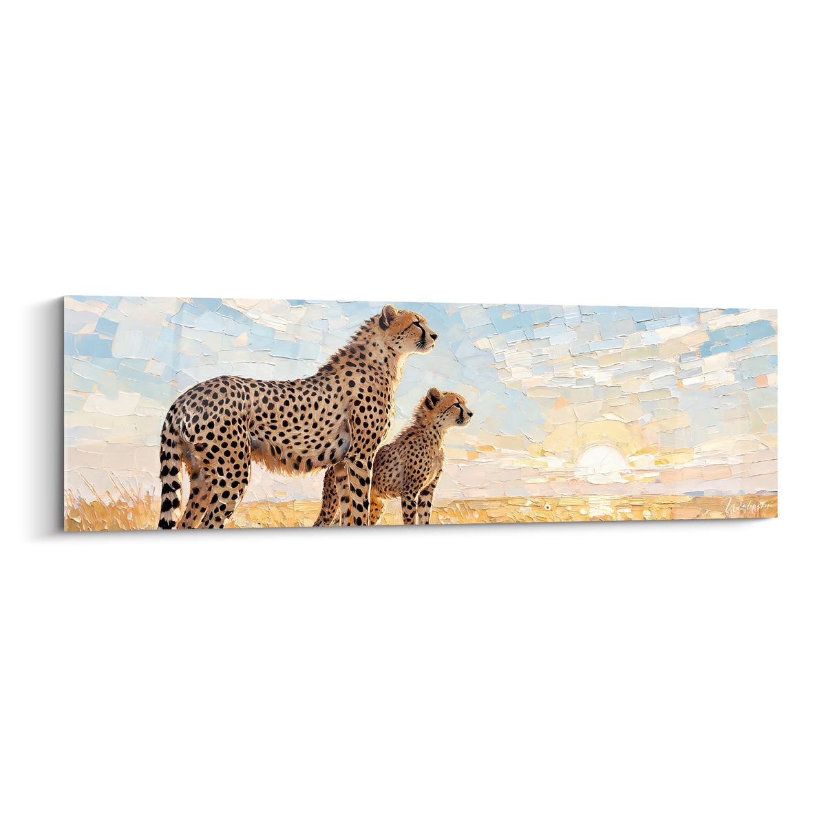 Wall art standing golden cheetahs, mother and cub, black-spotted coat, pastel blue sky in thick impasto at sunrise