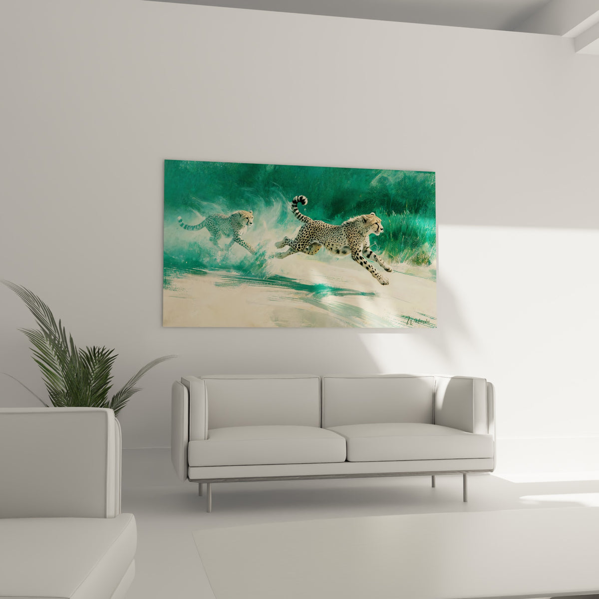 Fauves tachetés bondissant dans une brume turquoise et beige, au-dessus d'un canapé dans un salon lumineux