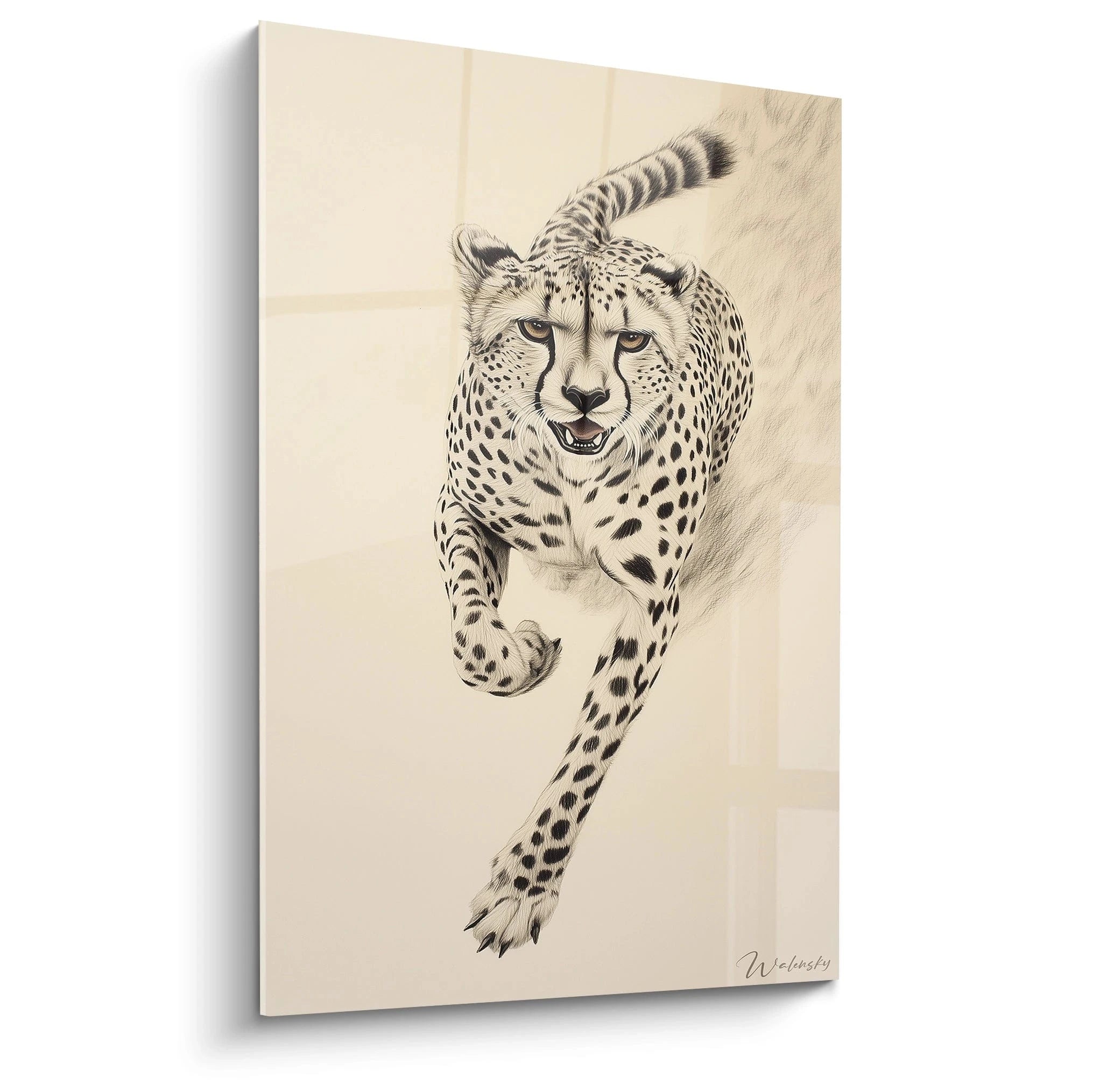 Tableau représentant un guépard courant, par Walensky, dans des tons doux et élégants