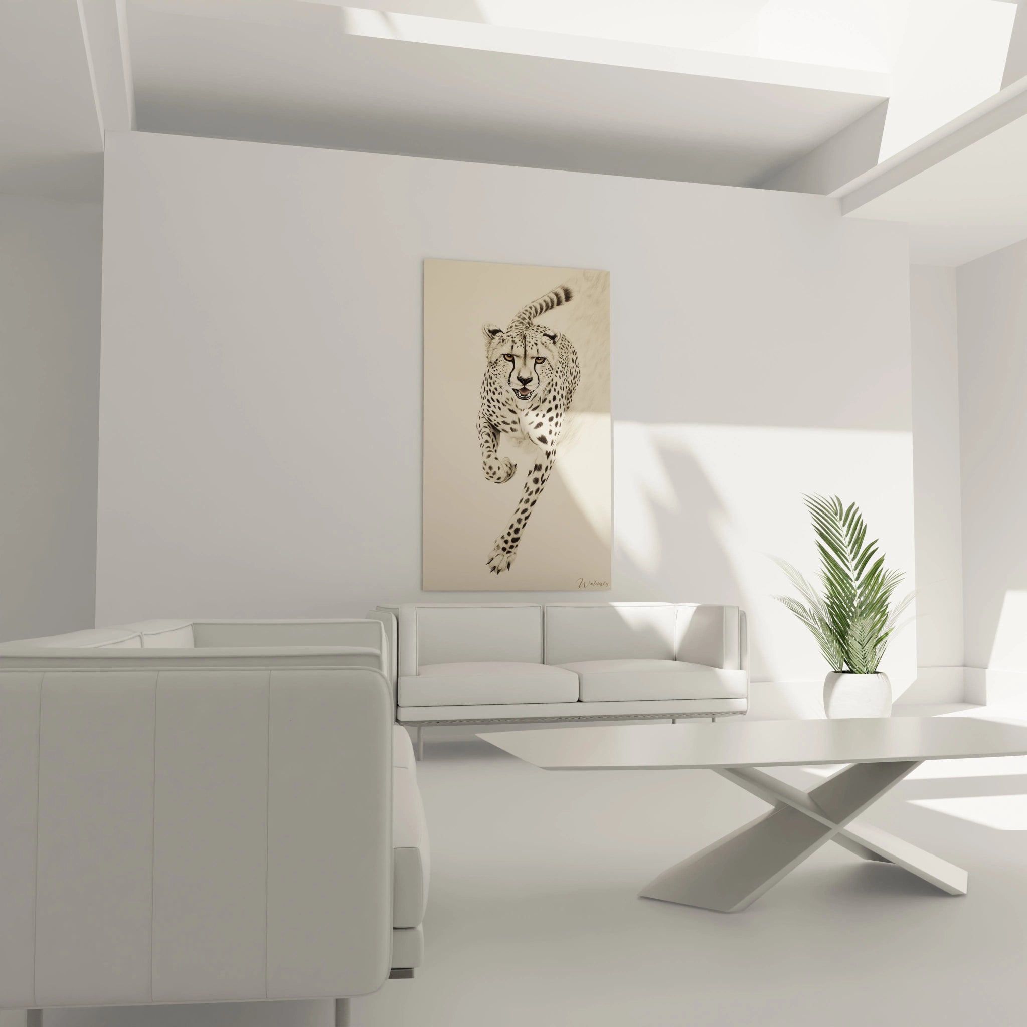 Tableau guépard Walensky en mouvement sur un mur moderne avec mobilier contemporain