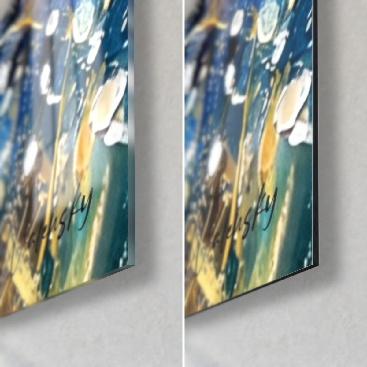 Schilderij jachtluipaard met okerkleurige gevlekte vacht, rechtsonder: glanzend acrylglas links, mat Dibond-aluminium rechts, rand van 3 mm