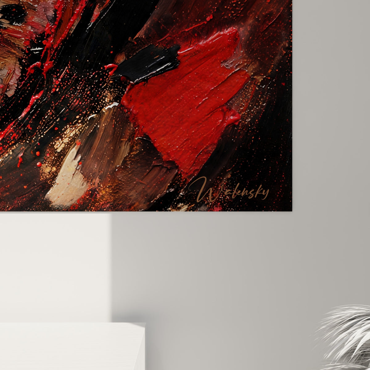 Empâtements de peinture fauve et noire sur le pelage du guépard, coulures rouge vif visibles de près