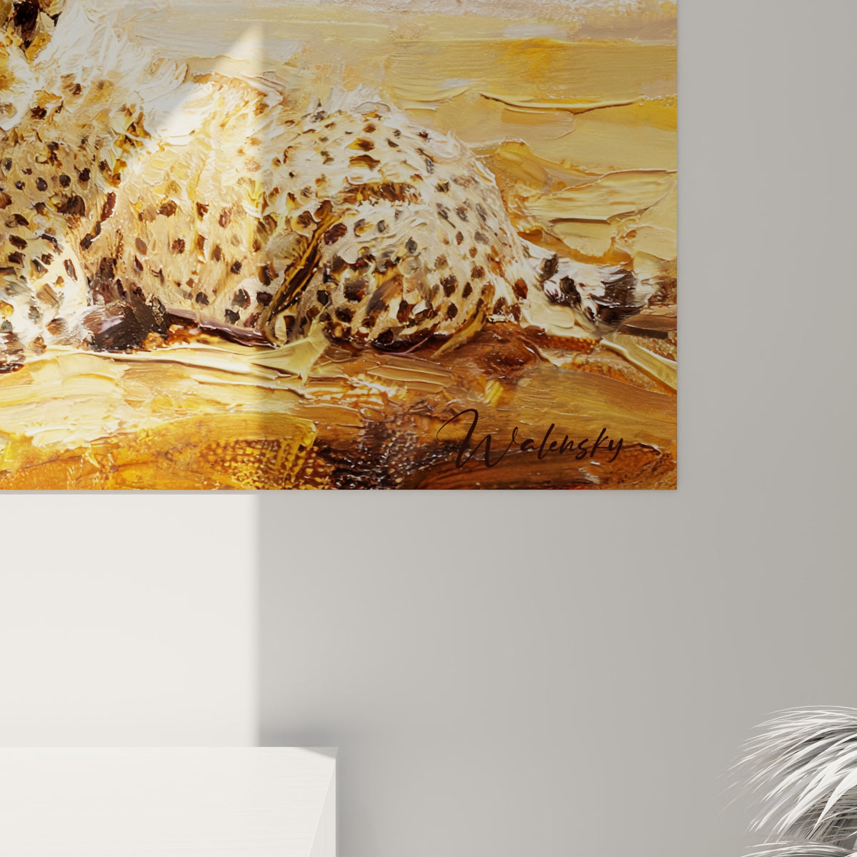 Empâtements épais fauve et ocre du pelage granuleux, coulures dorées visibles sur la toile du guépard