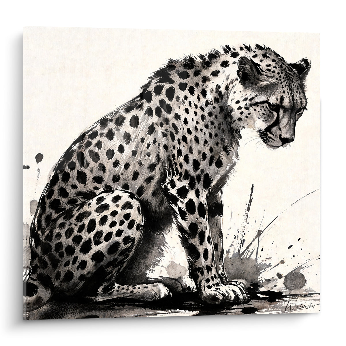 Guépard assis de profil, pelage tacheté noir et gris sur fond ivoire, traité à l'encre expressive