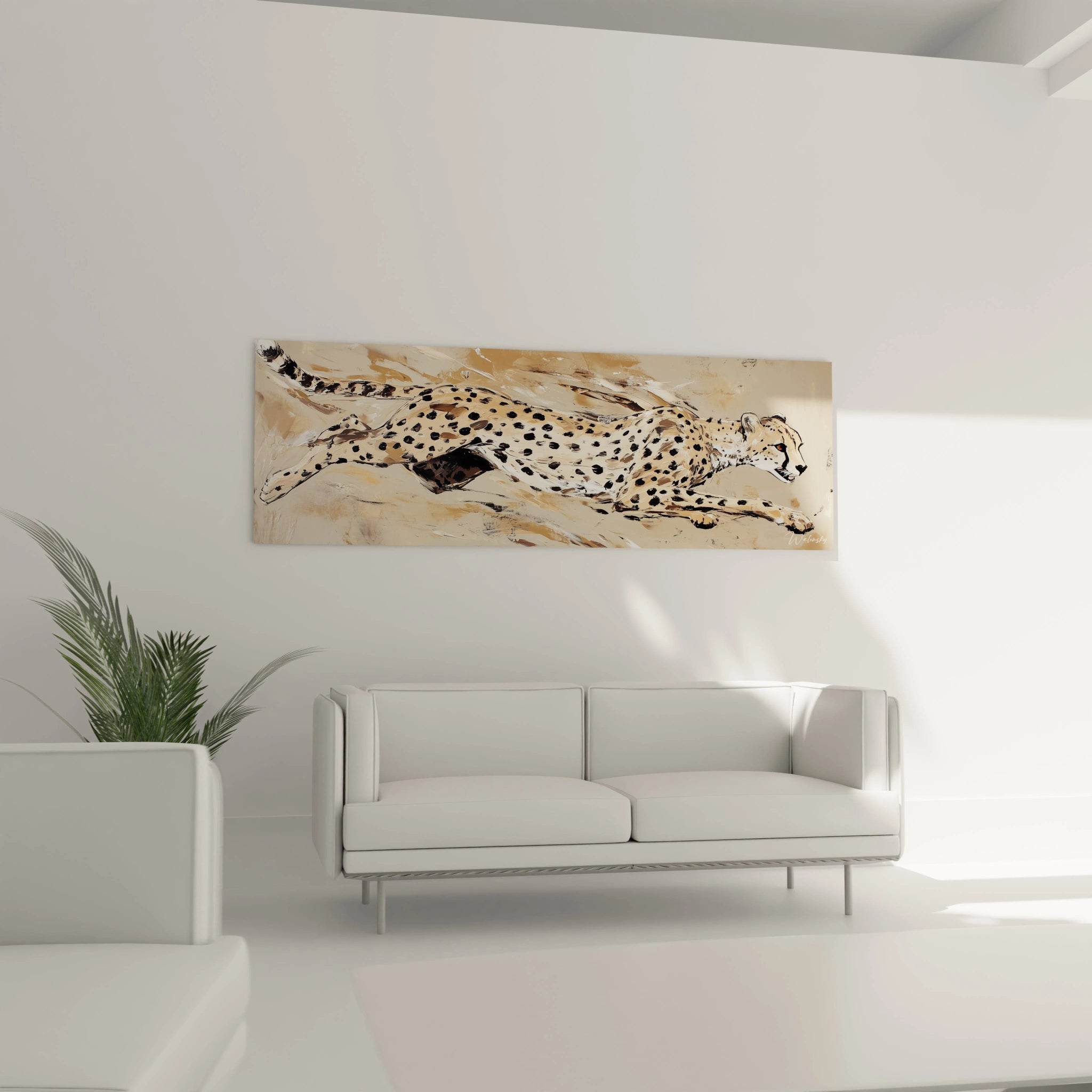 Tableau représentant un guépard en mouvement par Walensky, idéal pour décorer votre espace contemporain