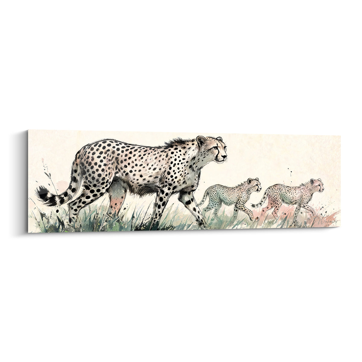 Guépard beige et sa progéniture rose traversent des herbes vertes esquissées en aquarelle