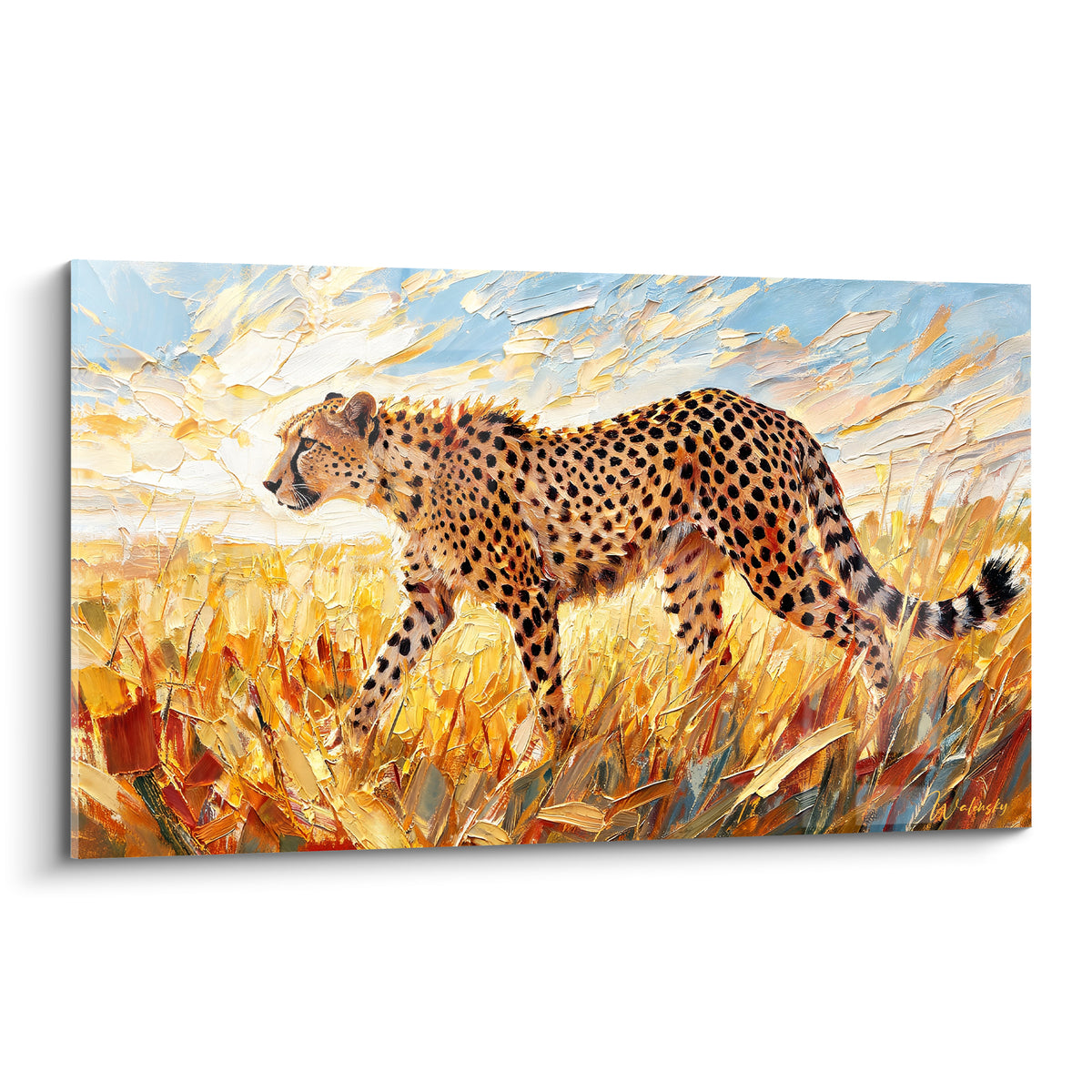 Guépard fauve et noir en marche, herbes dorées et ciel bleu pastel, touches empâtées à la spatule