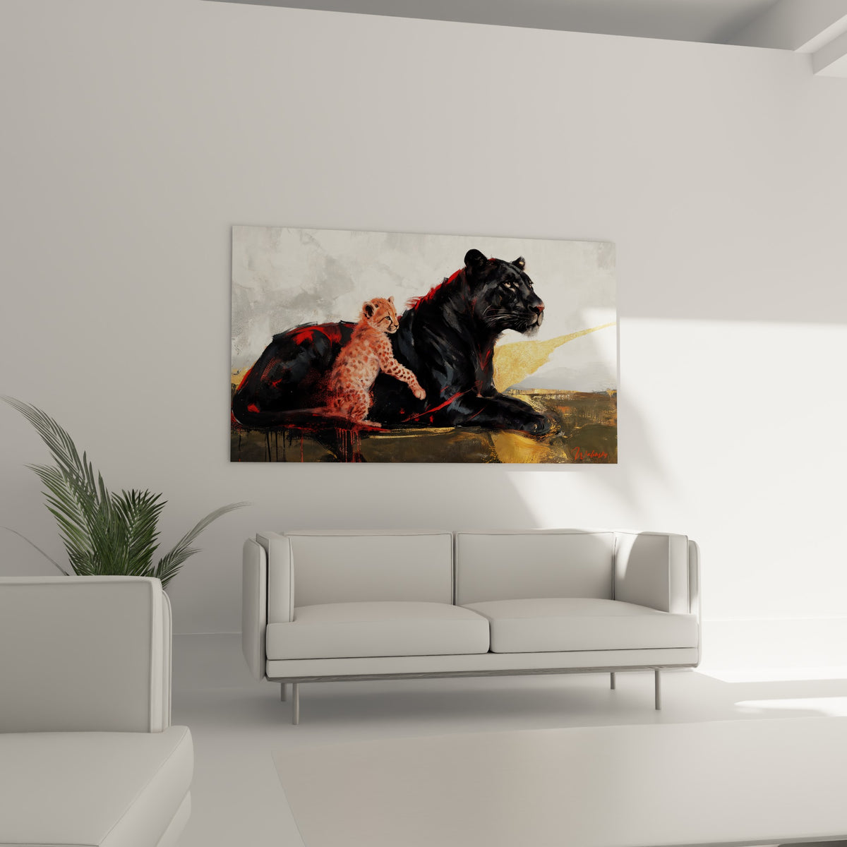 Duo de guépards noir et fauve aux reflets dorés, accroché au-dessus d'un canapé dans un salon lumineux