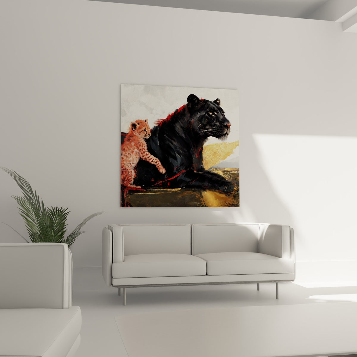 Fauve anthracite et petit tacheté roux dans une scène dorée, au-dessus d'un canapé dans un salon lumineux